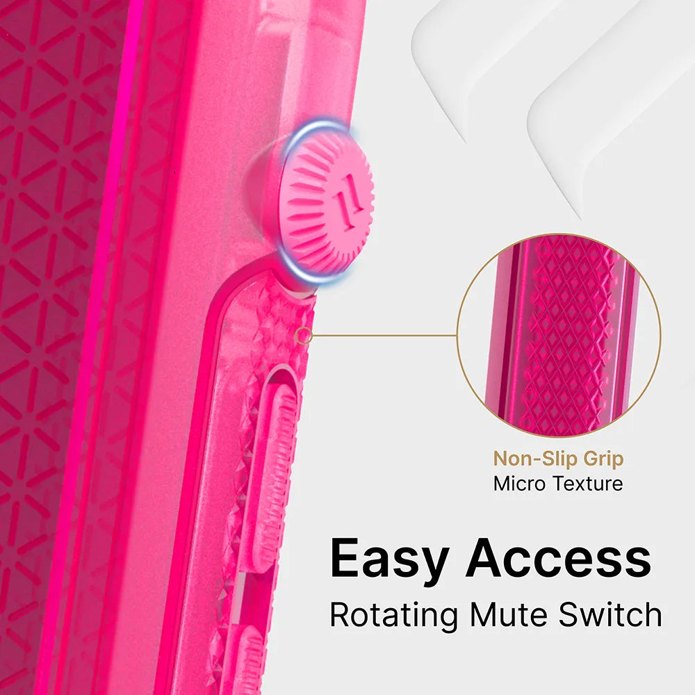 Close-up of Catalyst Case US iPhone 12 & 12 Pro Vibe Case features a bright pink non-slip grip with a rotating, micro-textured mute switch. Inset circle highlights the switch. Text: “Easy Access Rotating Mute Switch” and “Non-Slip Grip Micro Texture.”.