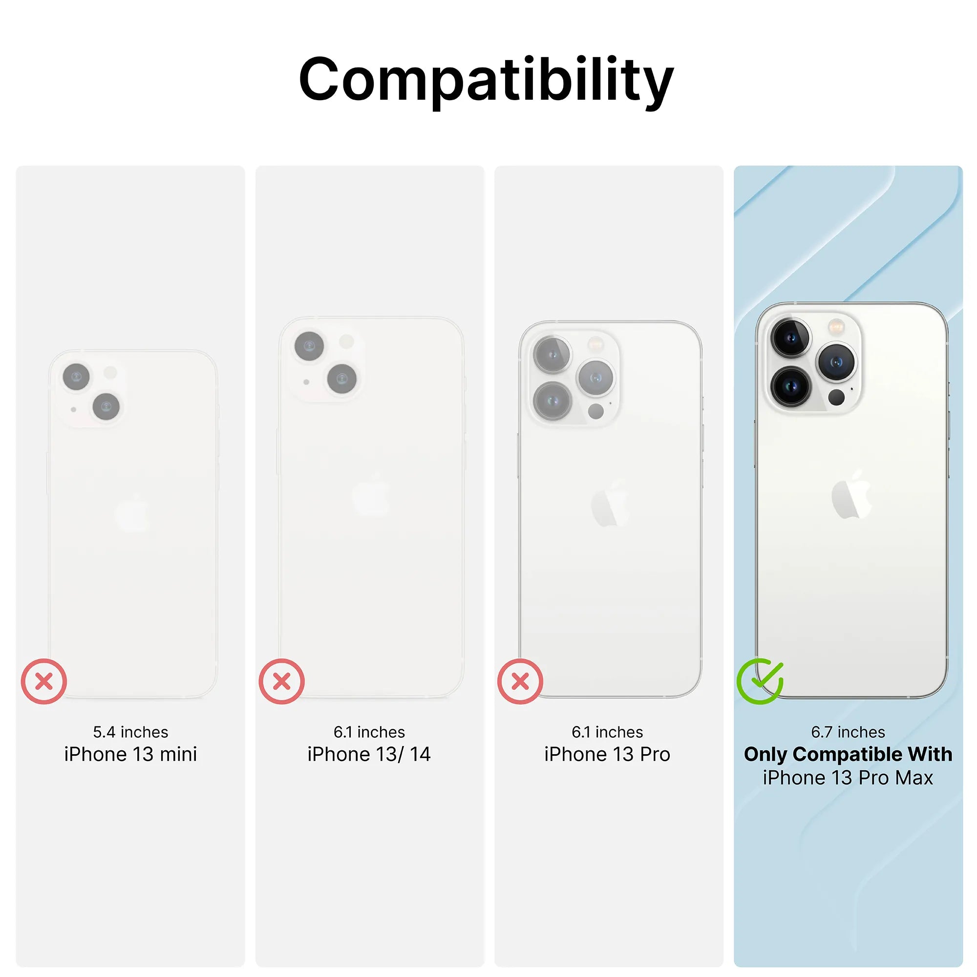 Compatibility chart: iPhone 13 mini, 13/14, and 13 Pro are marked with red Xs. Only the iPhone 13 Pro Max (6.7") is highlighted with a green check—compatible exclusively with Catalyst Case US iPhone 13 Pro Max - Vibe Case, MagSafe Compatible.