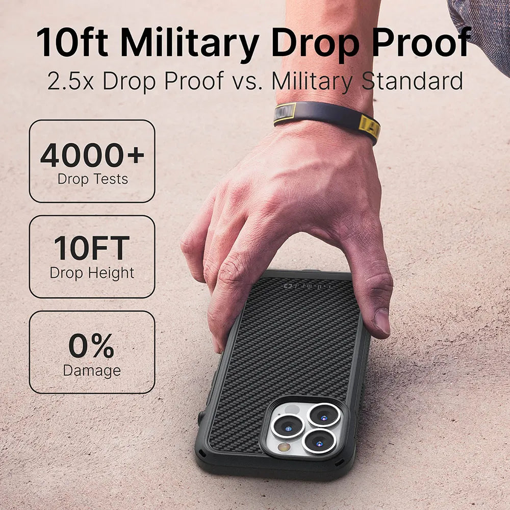 A hand sets an iPhone 13 Pro Max in a Catalyst Case US Vibe Case (MagSafe Compatible, black textured) face down on concrete. Text: "10ft Military Drop Proof, 2.5x vs. Military Standard." Infographics: "4000+ Drop Tests," "10FT," "0% Damage.