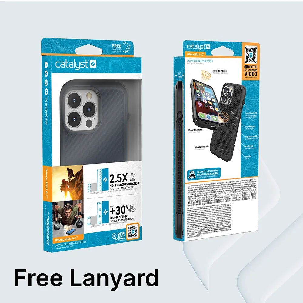 Two Catalyst Case US iPhone 13 Pro Max Vibe Cases (MagSafe compatible) are shown. The front highlights camera protection and drop rating, while the back displays the lanyard and key features in blue and orange text.