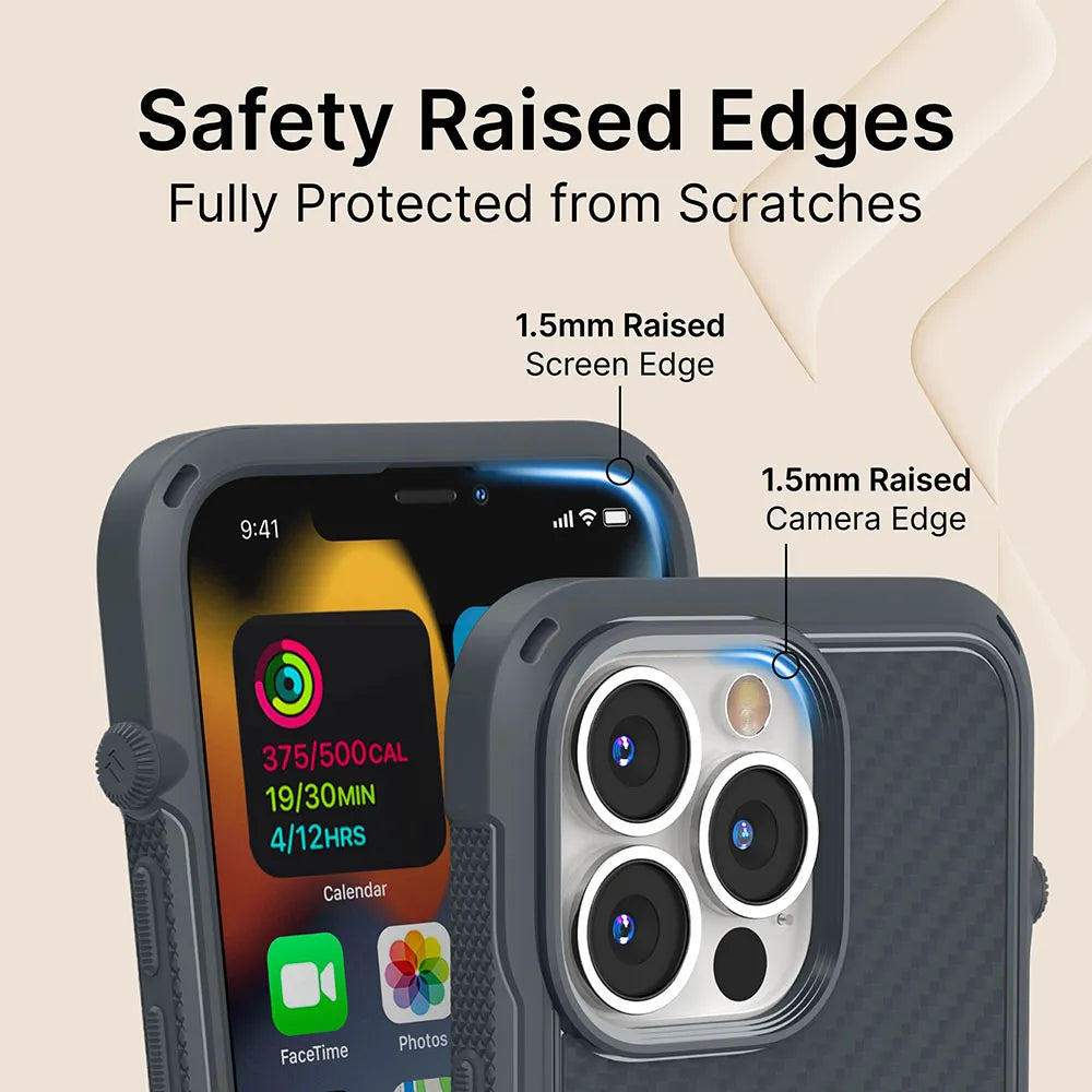 A close-up of the Catalyst Case US iPhone 13 Pro Max - Vibe Case (MagSafe Compatible) showcases 1.5mm raised edges around the screen and camera, with text: "Safety Raised Edges", "Fully Protected from Scratches," and labeled protection zones.