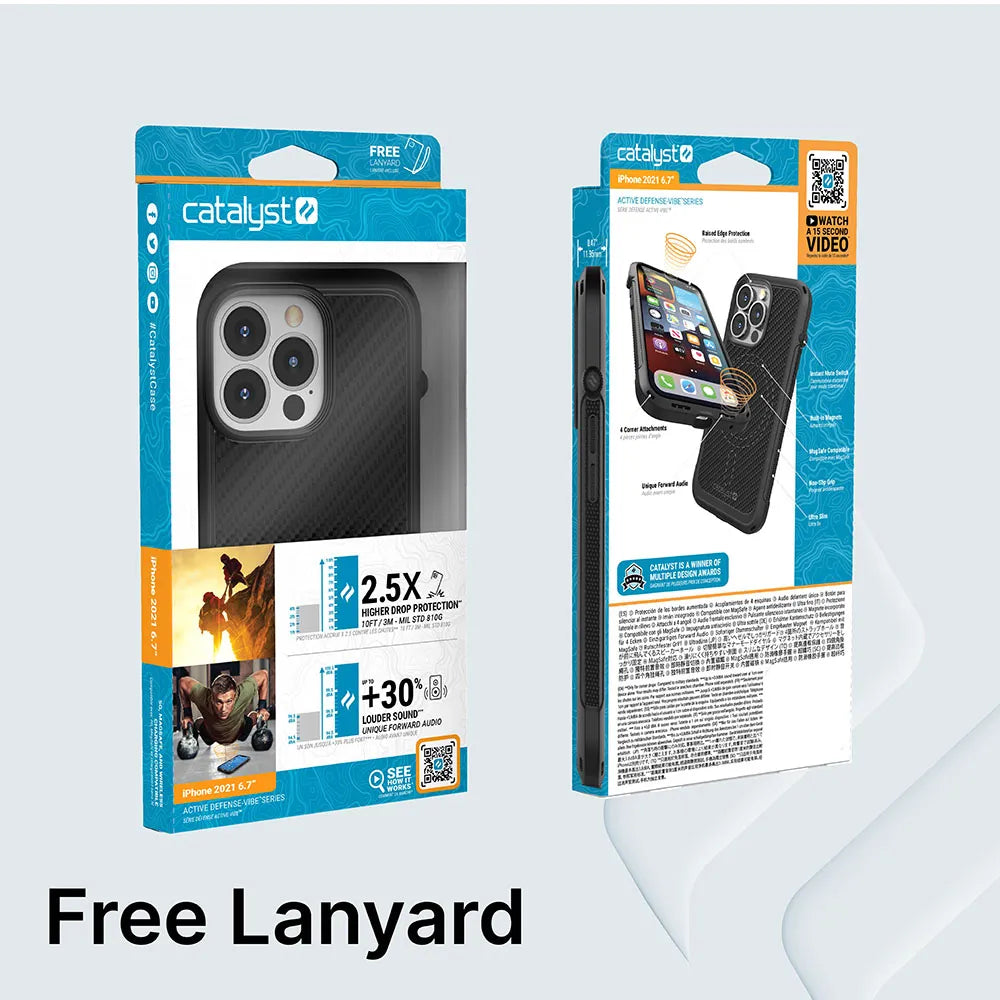 Two Catalyst Case US iPhone 13 - Vibe Case, MagSafe Compatible cases are shown in packaging, highlighting 2.5X drop proof, +30% extra grip, free lanyard offer, QR codes, gaming graphics; one is black with a textured pattern.