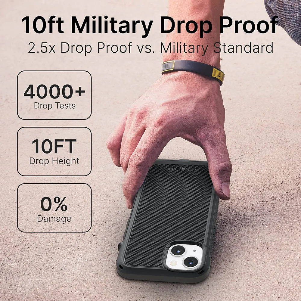 A hand picks up an iPhone 13 in a Catalyst Case US Vibe Case, MagSafe compatible, from a rough surface. Text highlights: "10ft Military Drop Proof," "2.5x Drop Proof vs. Standard," "4000+ Drop Tests," and "0% Damage.