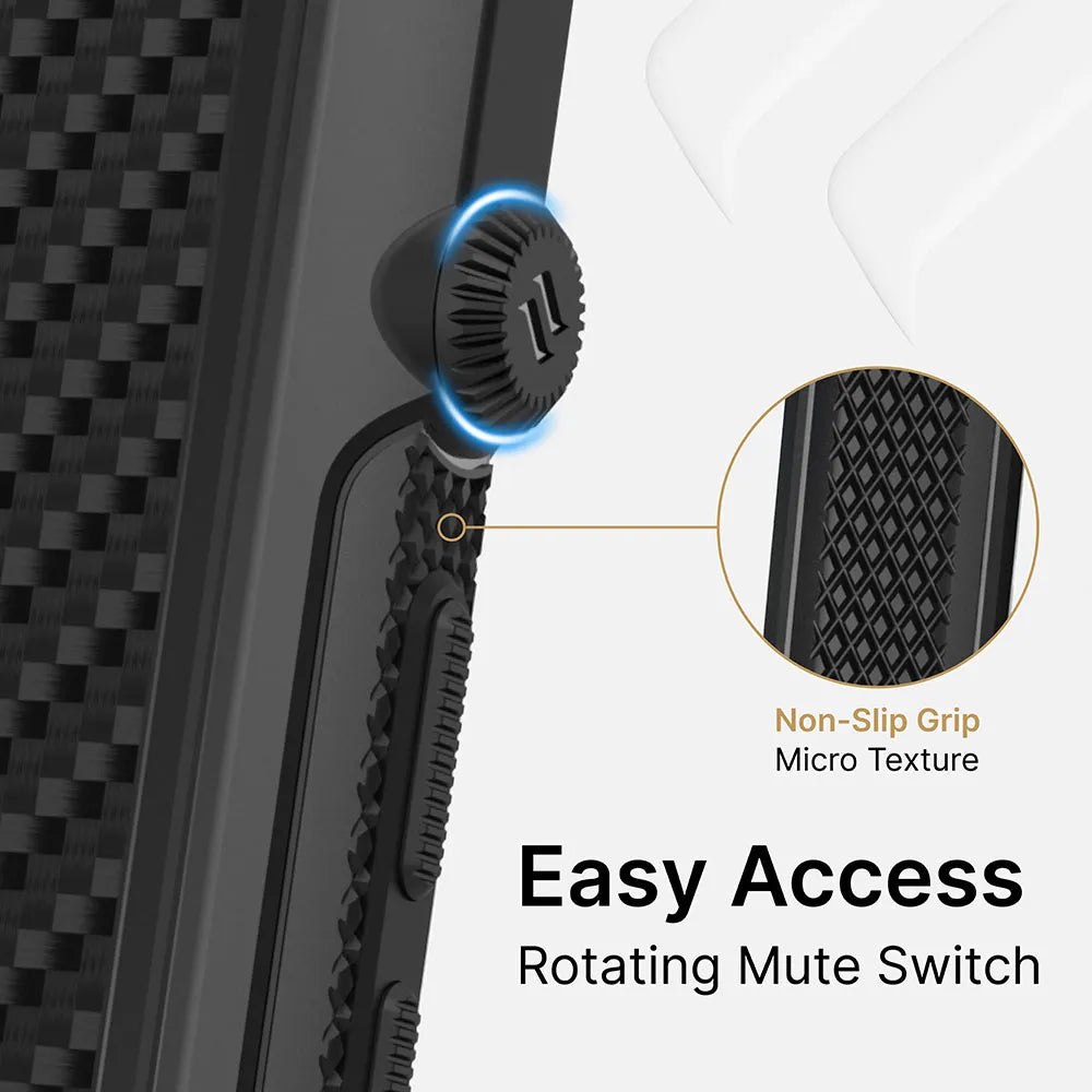 Close-up of the Catalyst Case US iPhone 13 - Vibe Case (MagSafe Compatible) side shows a rotating mute switch with non-slip micro texture and a carbon fiber pattern. Inset highlights texture. Text: “Easy Access Rotating Mute Switch.”.