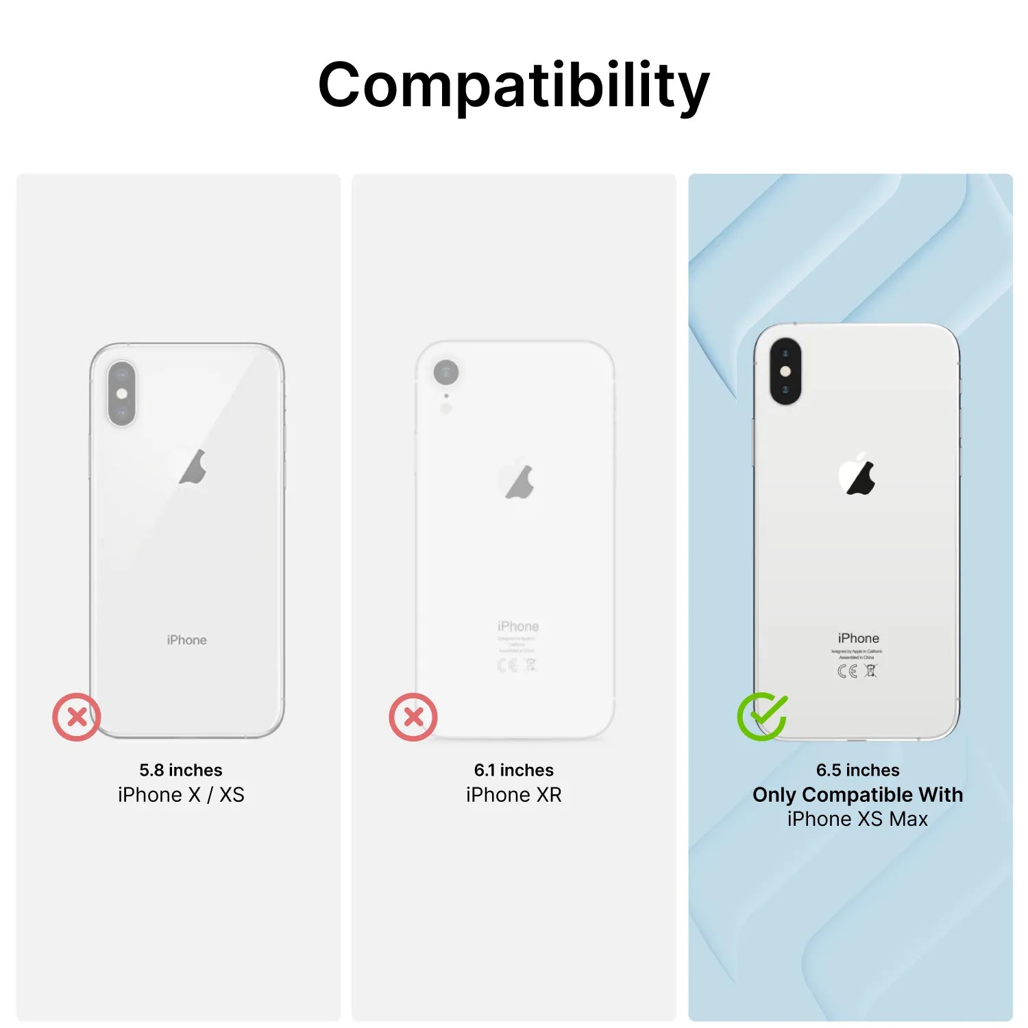 A compatibility guide shows iPhone X/XS (5.8") and XR (6.1") with red Xs, and XS Max (6.5") with a green check on a blue background. Text: "Only compatible with iPhone XS Max." Product: Catalyst Case US Impact Protection Case.