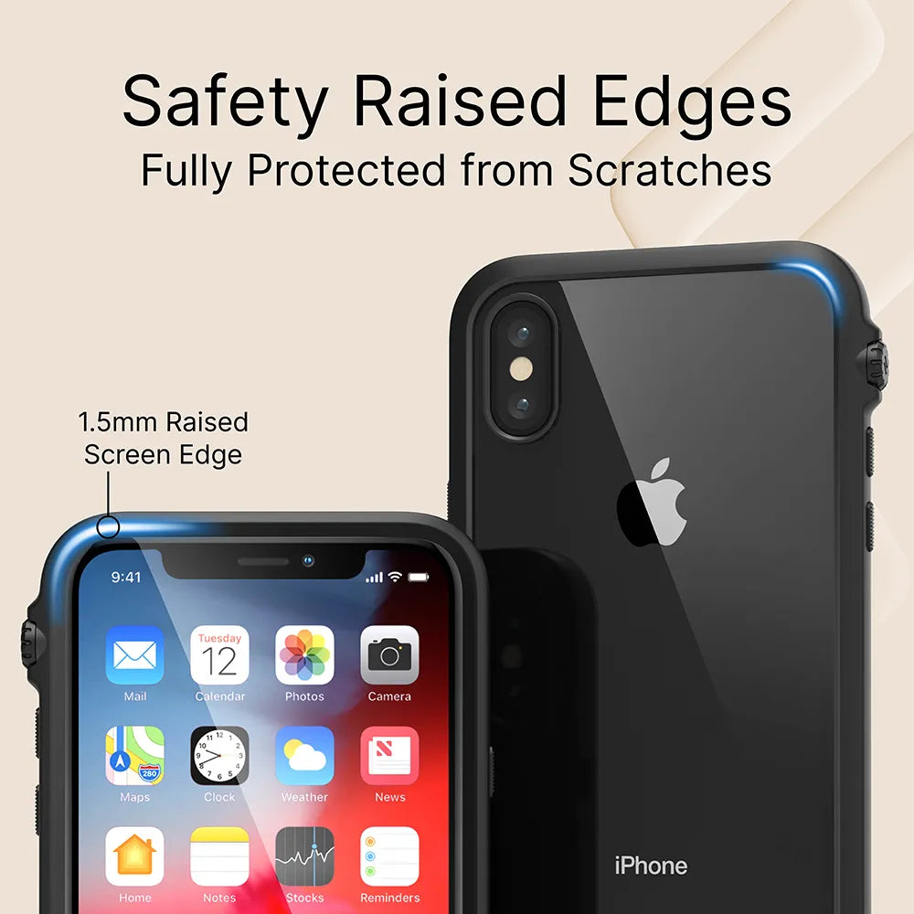 Two iPhone Xs Max devices in Catalyst Case US Impact Protection Cases—one shows the home screen, the other the glossy back. Text: "Safety Raised Edges Fully Protected from Scratches," highlighting a 1.5mm raised screen edge.