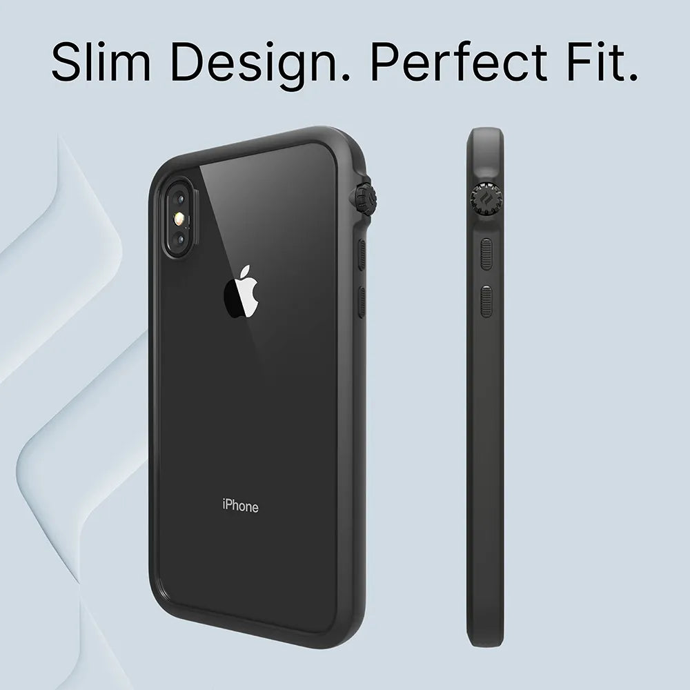 The Catalyst Case US iPhone Xs Max - Impact Protection Case, shown in black with reinforced corners, features a slim profile and perfect fit. The Apple logo and camera are visible. Text above reads, “Slim Design. Perfect Fit.”.