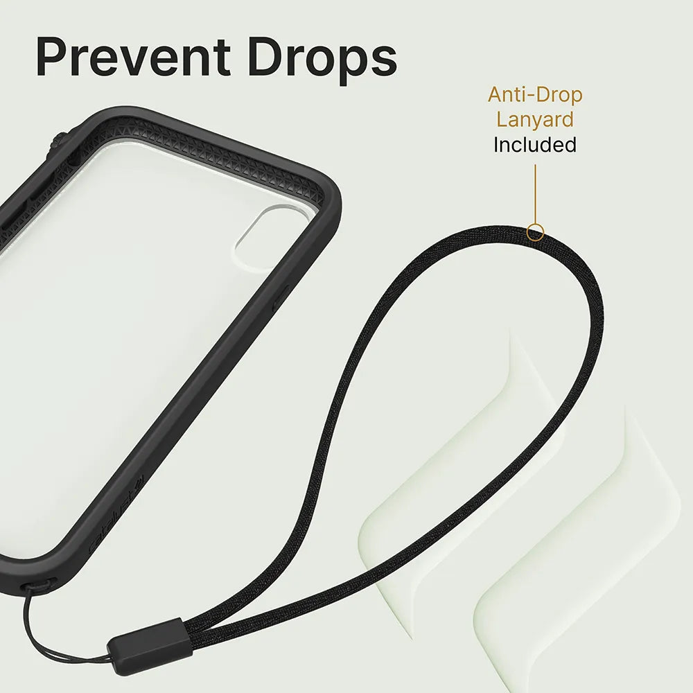 The Catalyst Case US iPhone Xs Max Impact Protection Case is shown in black with a clear back and attached anti-drop lanyard. Two translucent corner protectors are beside it. Text says "Prevent Drops" and "Anti-Drop Lanyard Included" with an arrow to the lanyard.