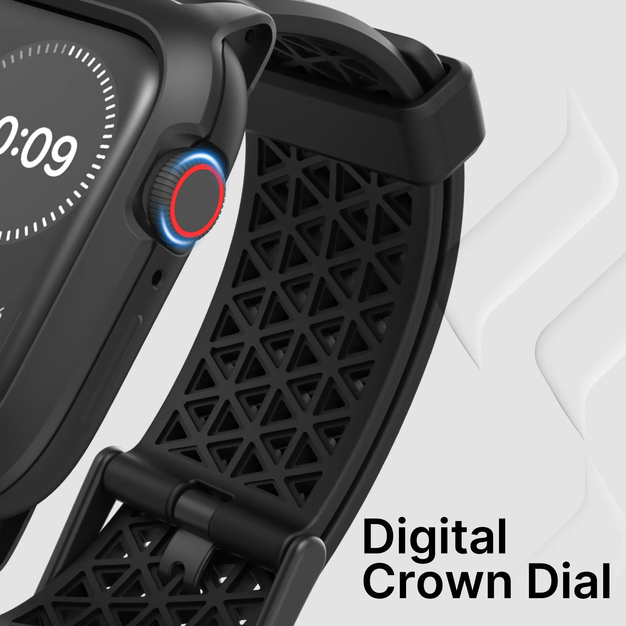 Close-up of Catalyst Case US 44mm Rugged Case + Band for Apple Watch Series 6/5/4/SE (Gen 2/1), featuring a black geometric-patterned silicone strap and a red-outlined digital crown dial. Screen shows part of a clock on a light gray background.