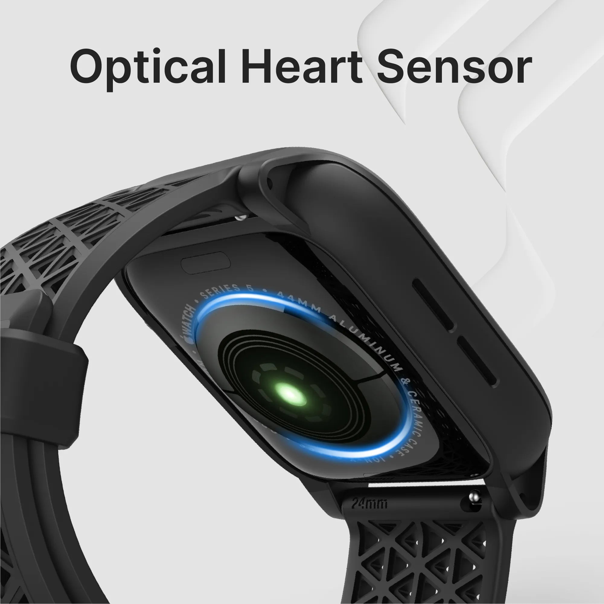 Close-up of the Catalyst Case US 44mm Rugged Case + Band for Apple Watch Series 6/5/4/SE (Gen 2/1), showing its glowing heart sensor and black geometric strap. Its sleek, modern design stands out against a light, abstract background.