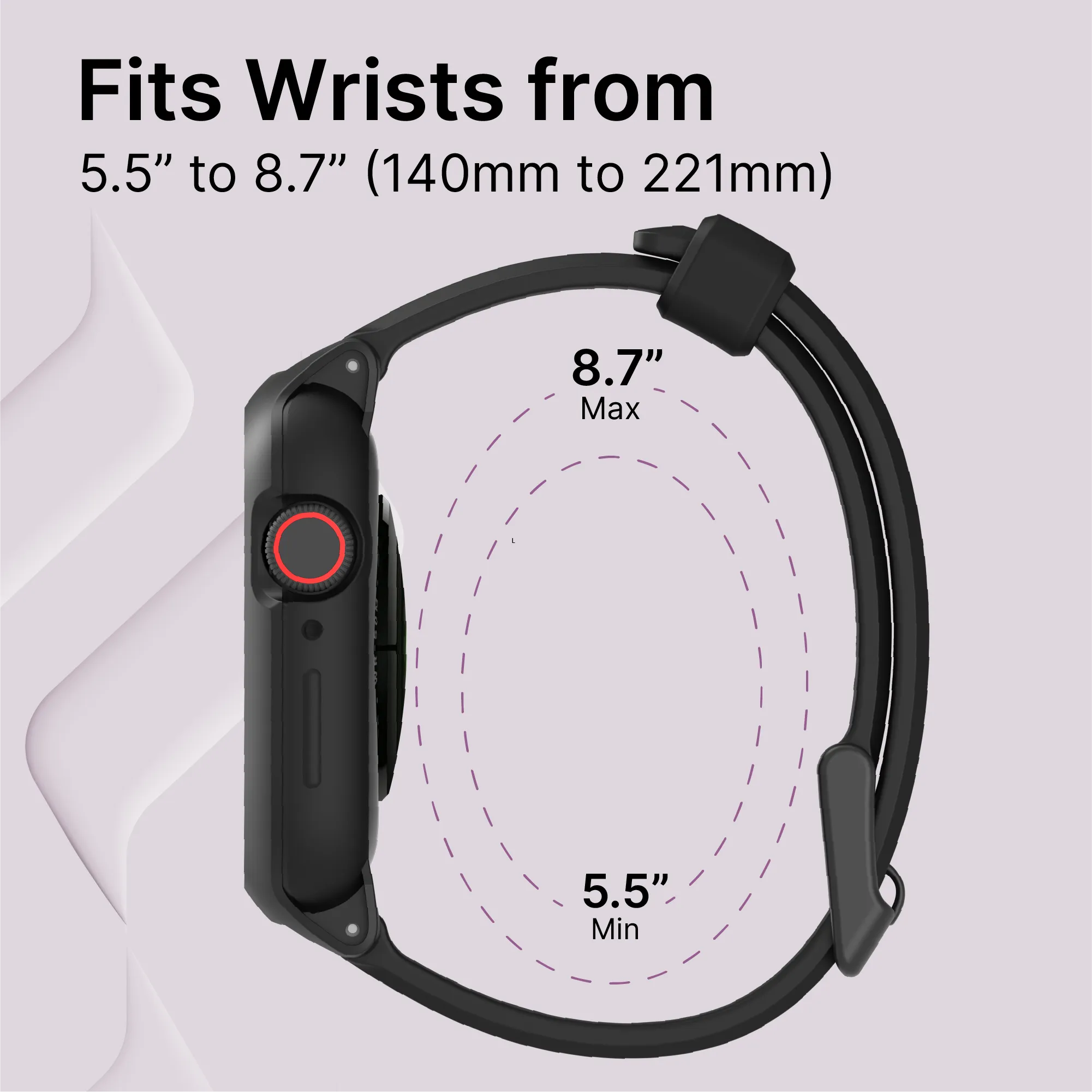 The Catalyst Case US 44mm Rugged Case + Band for Apple Watch Series 6/5/4/SE (Gen 2/1) is shown from the side with a black silicone strap. Text above reads, "Fits Wrists from 5.5†to 8.7†(140mm to 221mm)." Dotted ovals mark "5.5†Min" and "8.7†Max.