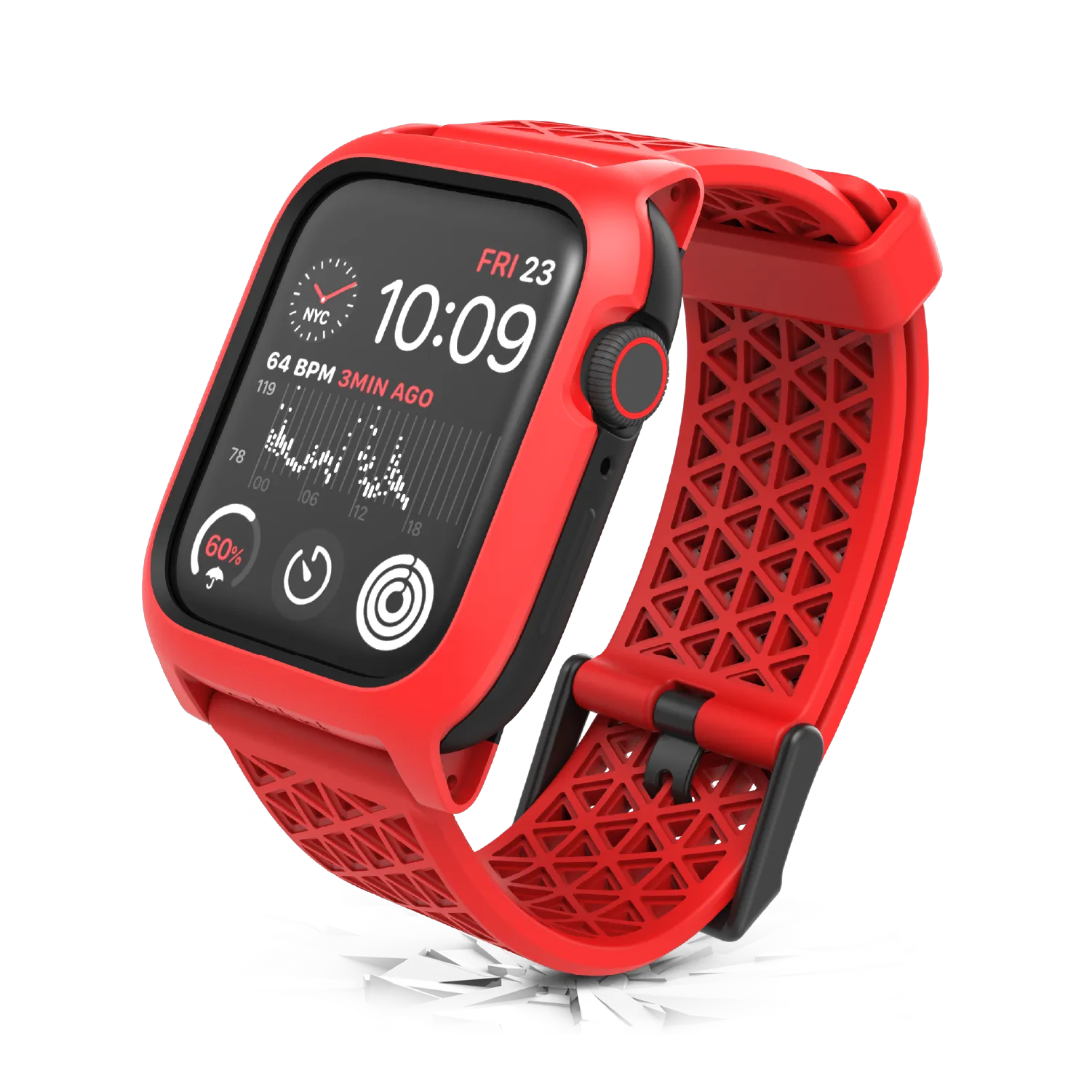 The Catalyst Case US 44mm Rugged Case + Band for Apple Watch Series 6/5/4/SE (Gen 2/1) features a bold red design with a geometric-patterned band, displaying time, date, heart rate, activity rings, and NYC weather.