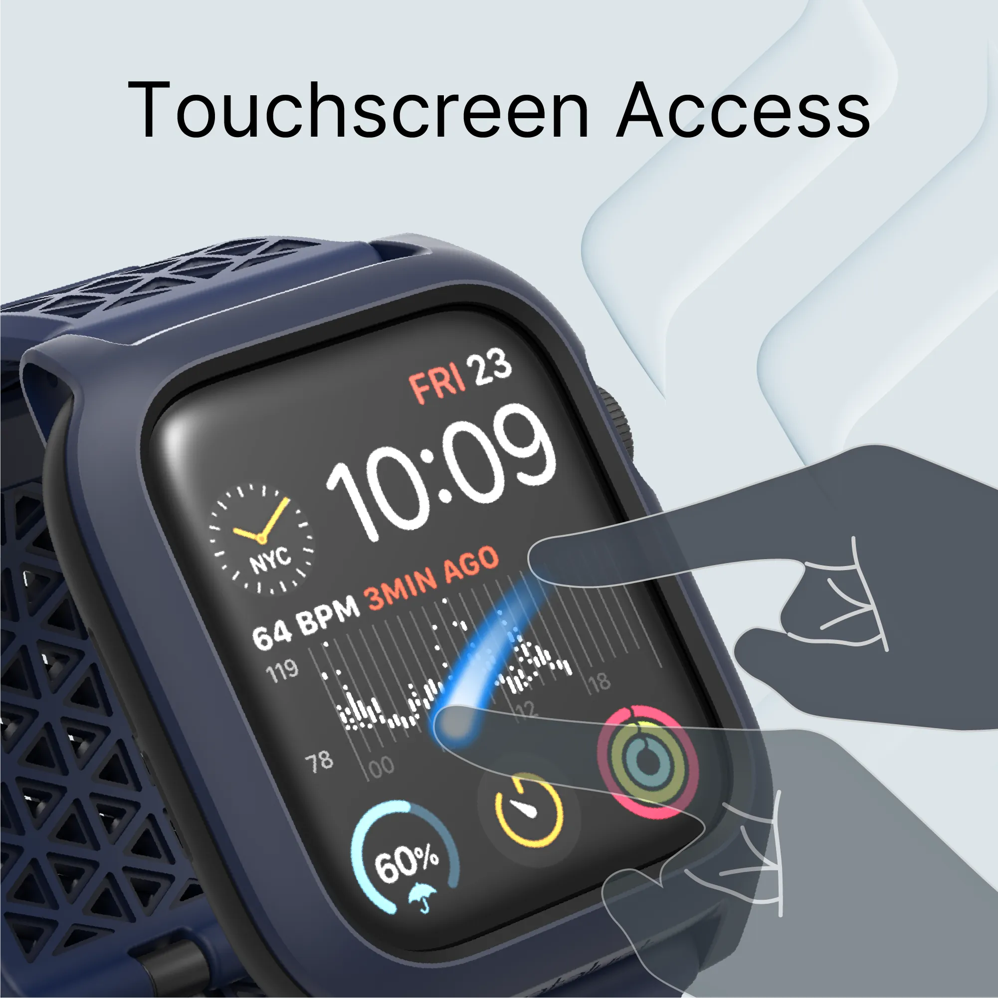 A close-up shows a finger using the touchscreen of the Catalyst Case US 44mm Rugged Case + Band for Apple Watch Series 6/5/4/SE, displaying time, date, heart rate, and activity stats. "Touchscreen Access" is highlighted above with stylized hands.
