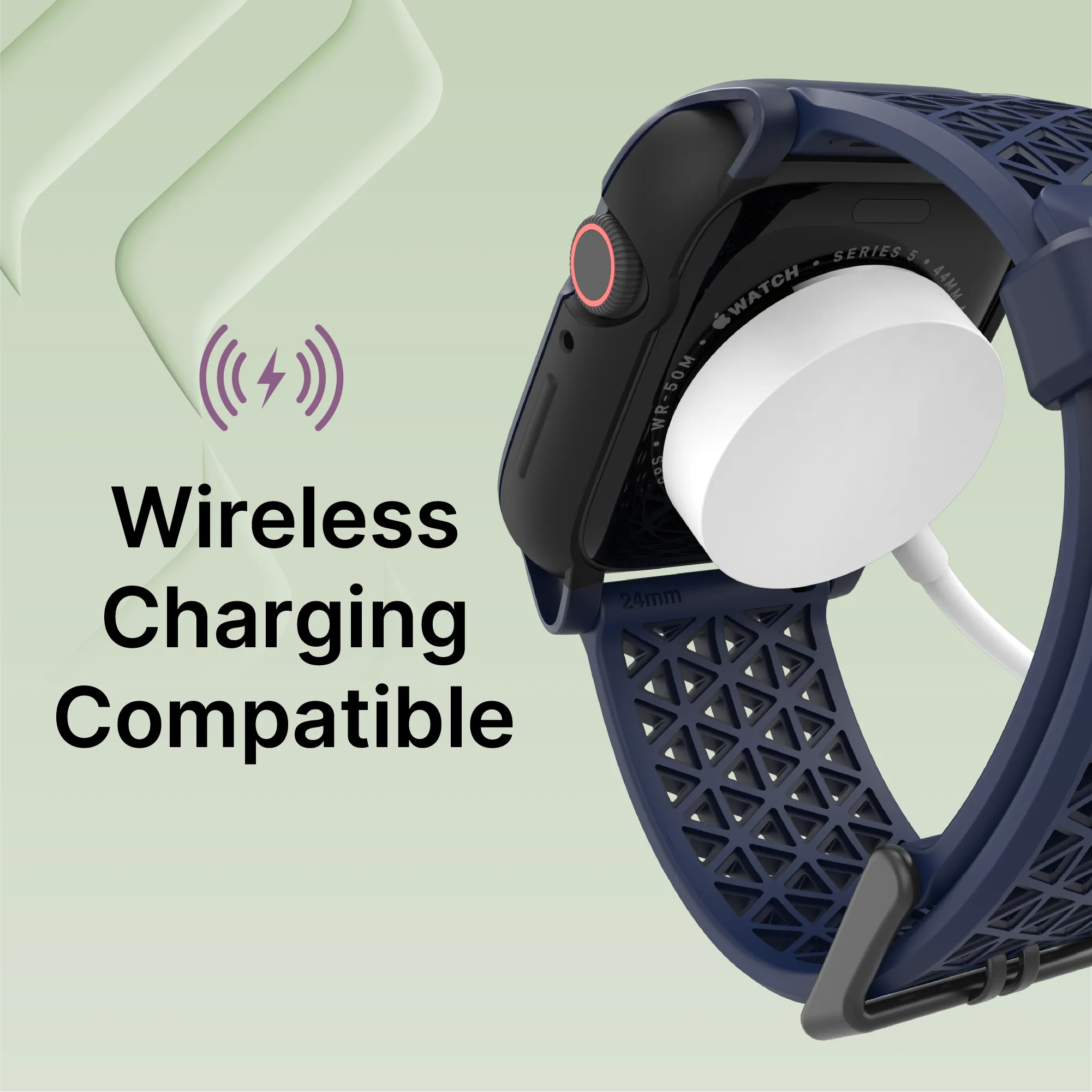 A close-up of the Catalyst Case US 44mm Rugged Case + Band for Apple Watch Series 6/5/4/SE (Gen 2/1) with a dark blue textured band on a Qi wireless charging pad. “Wireless Charging Compatible†appears beside an icon over a light green, abstract background.