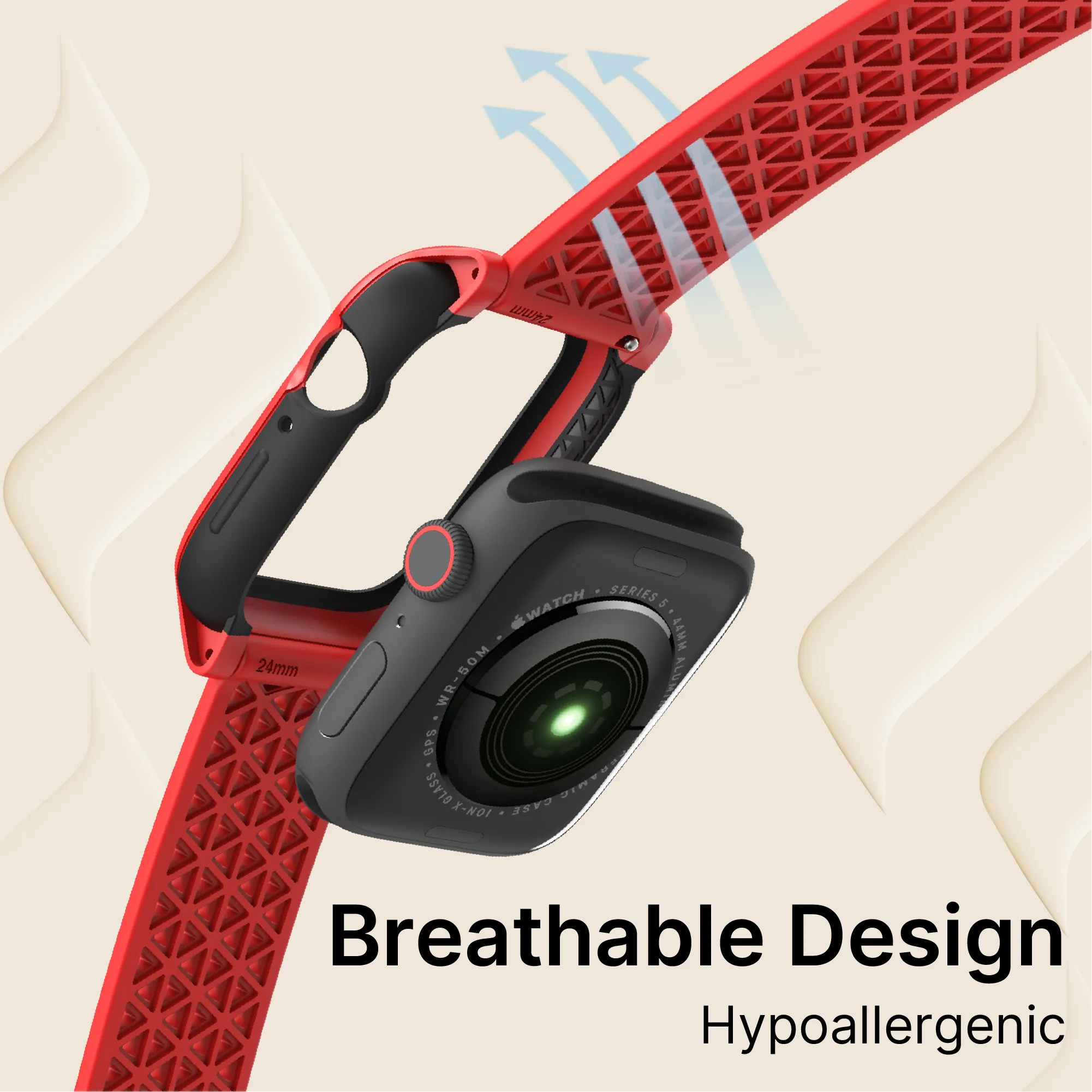 A close-up of the Catalyst Case US 44mm Rugged Case + Band for Apple Watch Series 6/5/4/SE shows its red, perforated, breathable band with visible back sensors and airflow arrows. Text reads: "Breathable Design. Hypoallergenic." Light beige background.