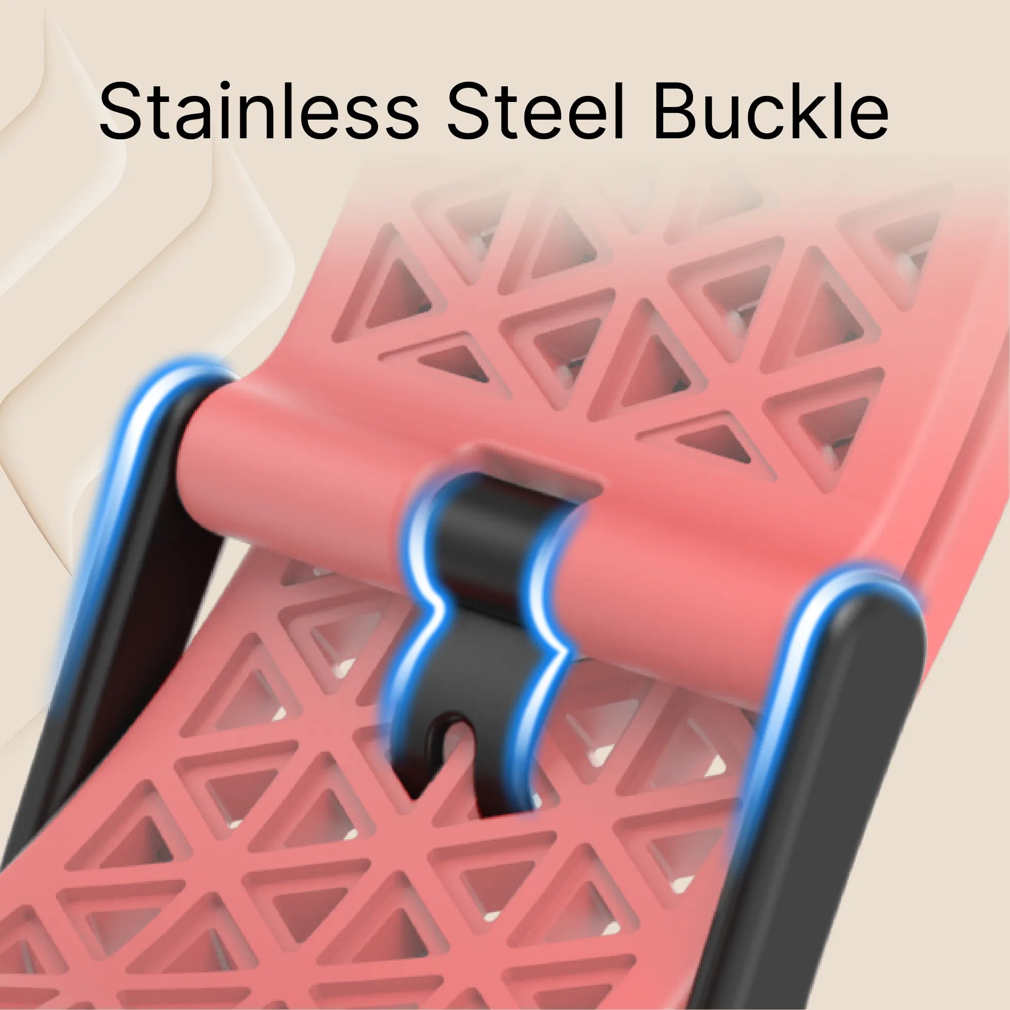 Close-up of the Catalyst Case US 44mm Rugged Case + Band for Apple Watch Series 6/5/4/SE, featuring a pink strap with triangular cutouts and an adjustable black stainless steel buckle, highlighted in blue. "Stainless Steel Buckle" text above; beige geometric background.