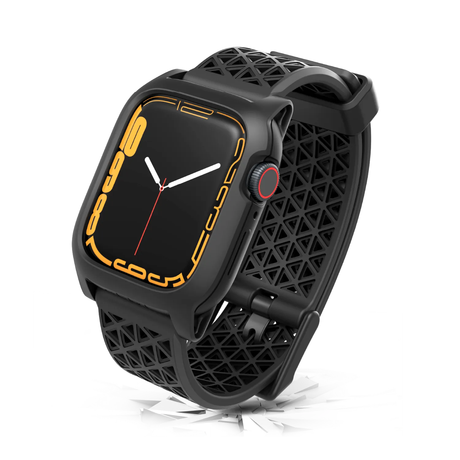 The Catalyst Case US 41mm Rugged Case + Band for Apple Watch Series 9/8/7 features a sleek black design with a large rectangular screen, bold yellow numbers, red-ringed crown, and a patterned strap, displayed on a cracked white surface.