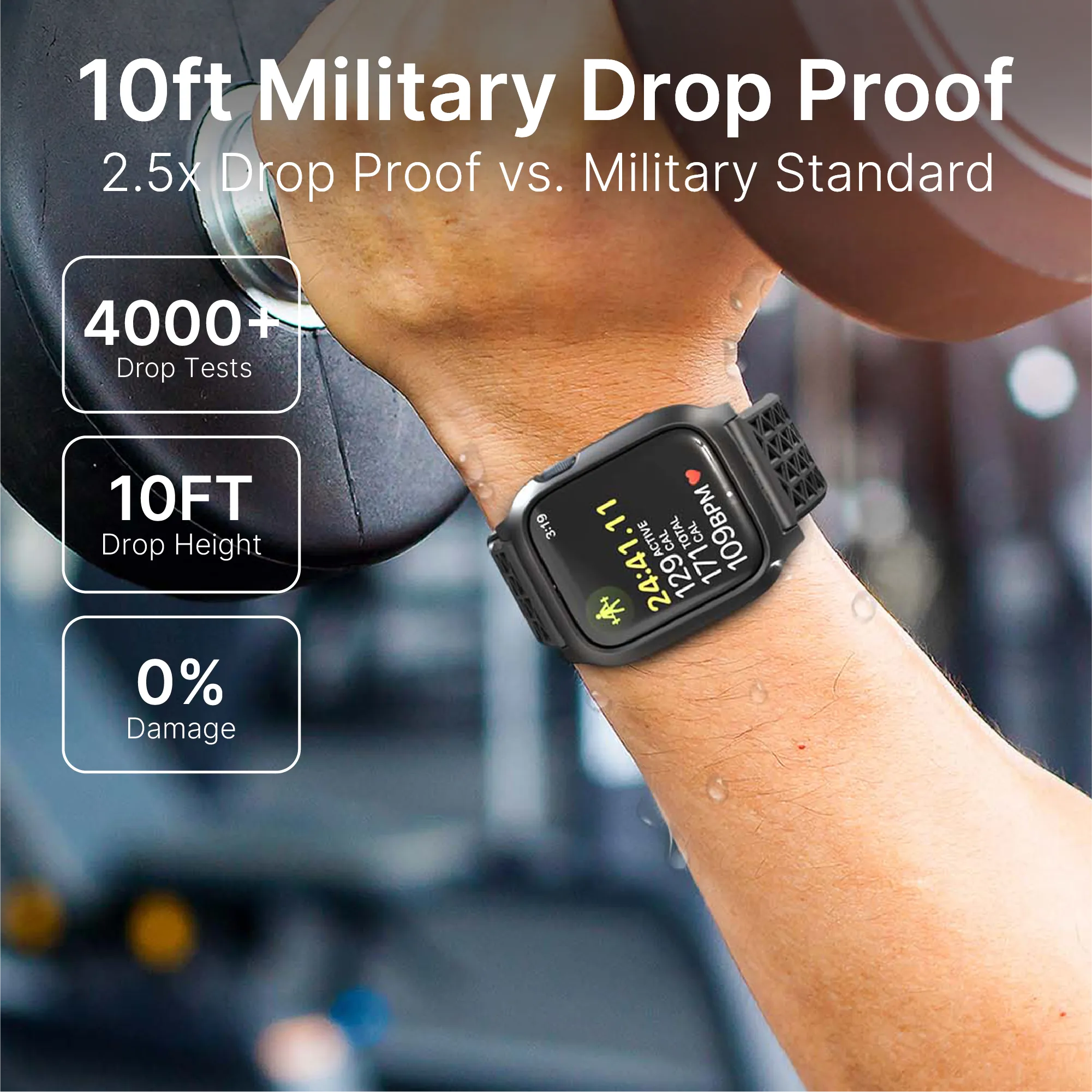 A person lifts a dumbbell wearing the Catalyst Case US 41mm Rugged Case + Band for Apple Watch Series 9/8/7, featuring a black band, fitness display, and highlighted 10ft Military Drop Proof durability.