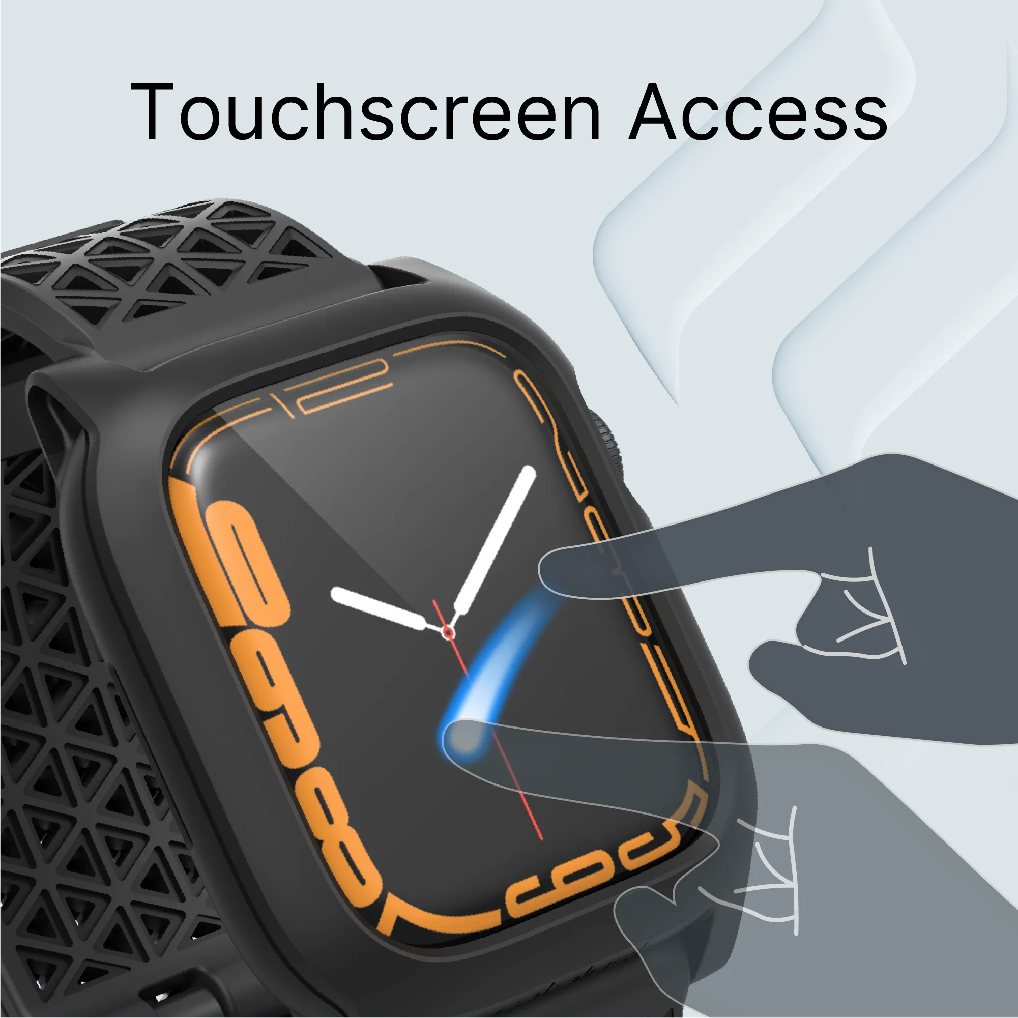 A close-up of the Catalyst Case US 41mm Rugged Case + Band for Apple Watch Series 9/8/7 in black shows a touchscreen display with an orange border and a hand illustration, with “Touchscreen Access†displayed above.