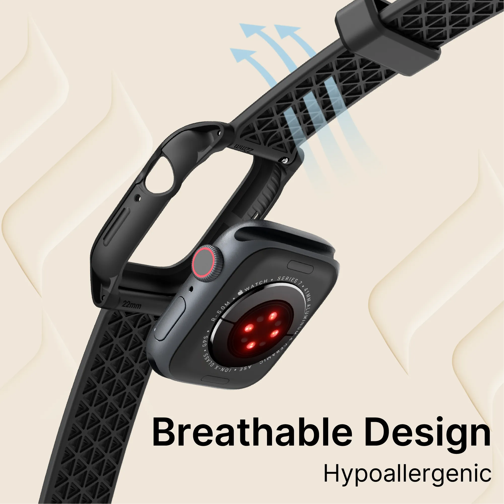 The Catalyst Case US 41mm Rugged Case + Band for Apple Watch Series 9/8/7 is shown in black with a perforated, textured band. Blue arrows highlight the band’s breathable and hypoallergenic comfort.