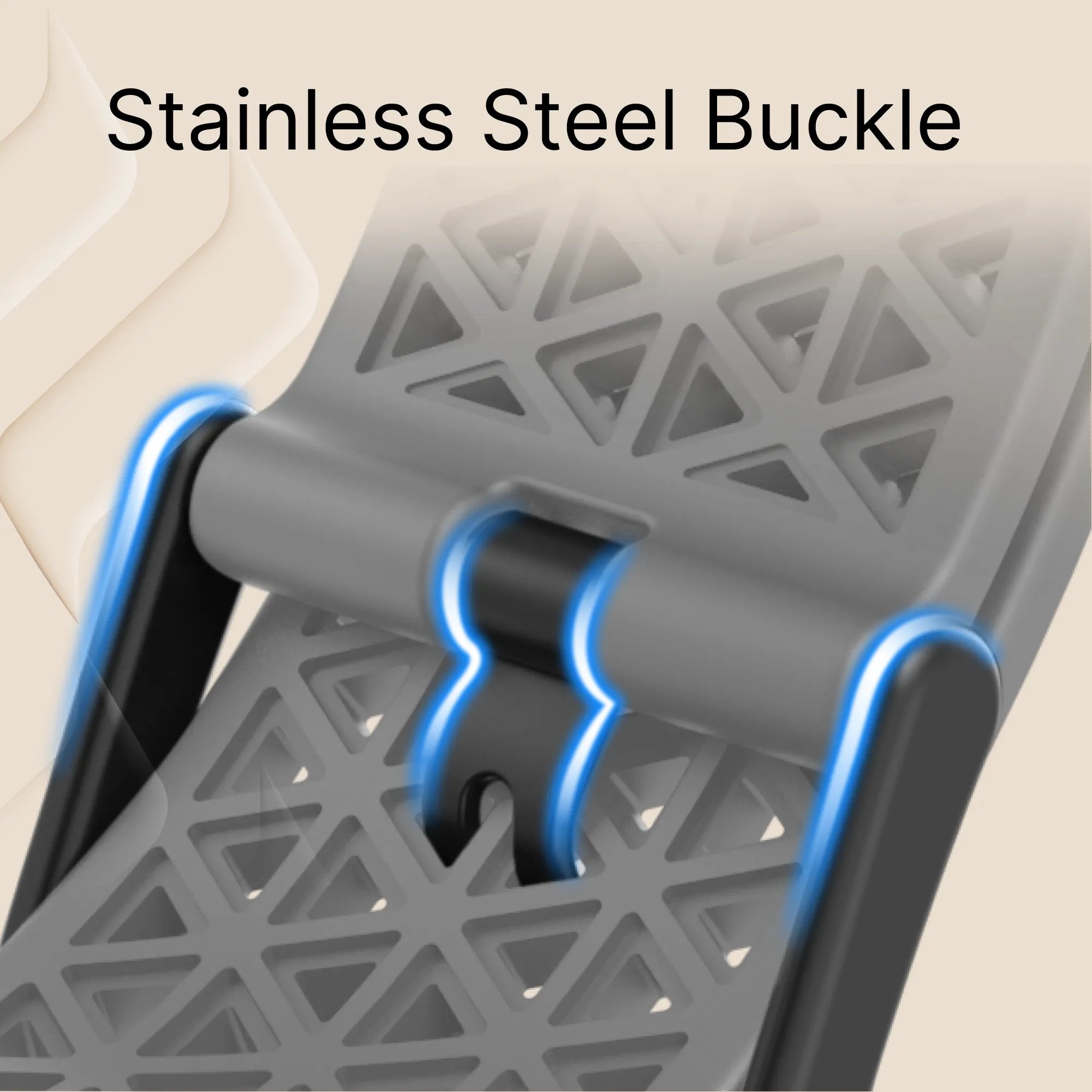 A detailed look at the Catalyst Case US 41mm Rugged Case + Band for Apple Watch Series 9/8/7 features a gray, geometric-patterned strap with a blue-accented stainless steel buckle displayed on a beige and cream abstract background.