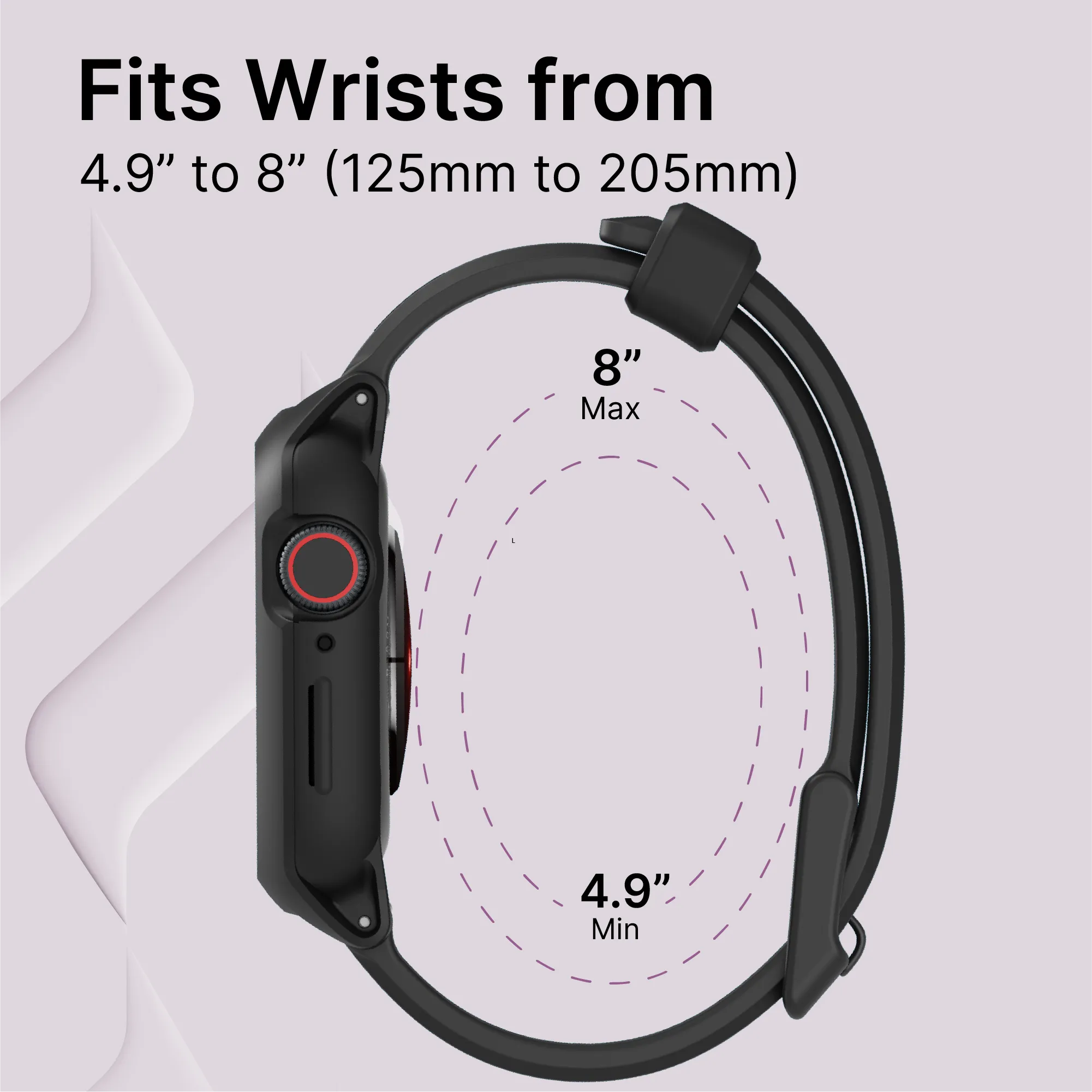 The Catalyst Case US 41mm Rugged Case + Band for Apple Watch Series 9/8/7 is shown with a black sport band, fitting wrists from 4.9'' to 8'' (125mm–205mm), illustrated by the looped band for min and max wrist sizes.