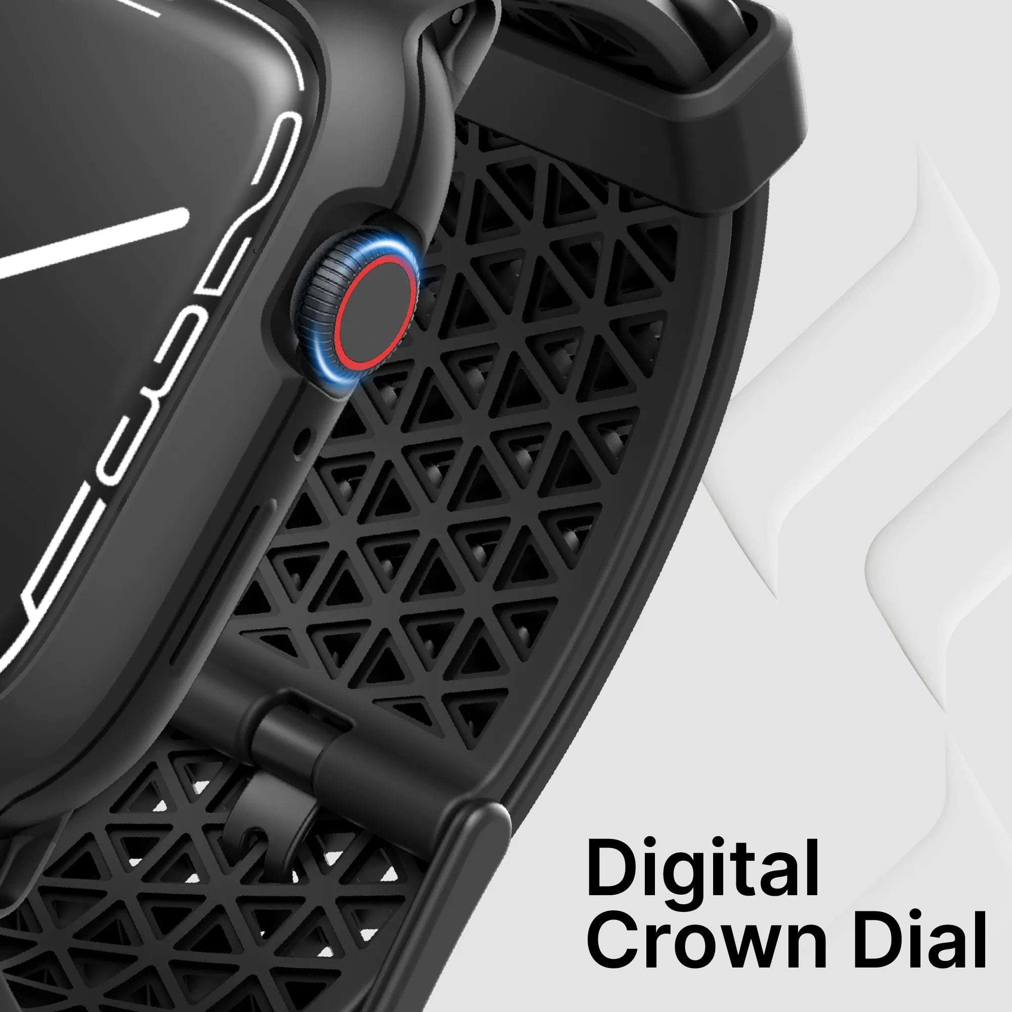 Close-up of Catalyst Case US 45mm Rugged Case + Band for Apple Watch Series 9/8/7, black with a red-ringed digital crown dial and a geometric triangular cutout band. “Digital Crown Dial†text appears in white on a light gray background.