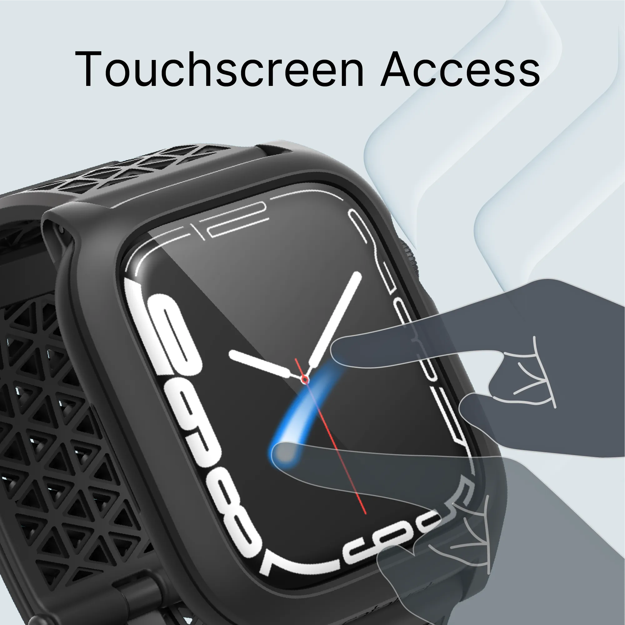 A close-up of the Catalyst Case US 45mm Rugged Case + Band for Apple Watch Series 9/8/7, featuring a black strap. A semi-transparent hand icon touches the screen, highlighting easy touchscreen access with “Touchscreen Access†above.