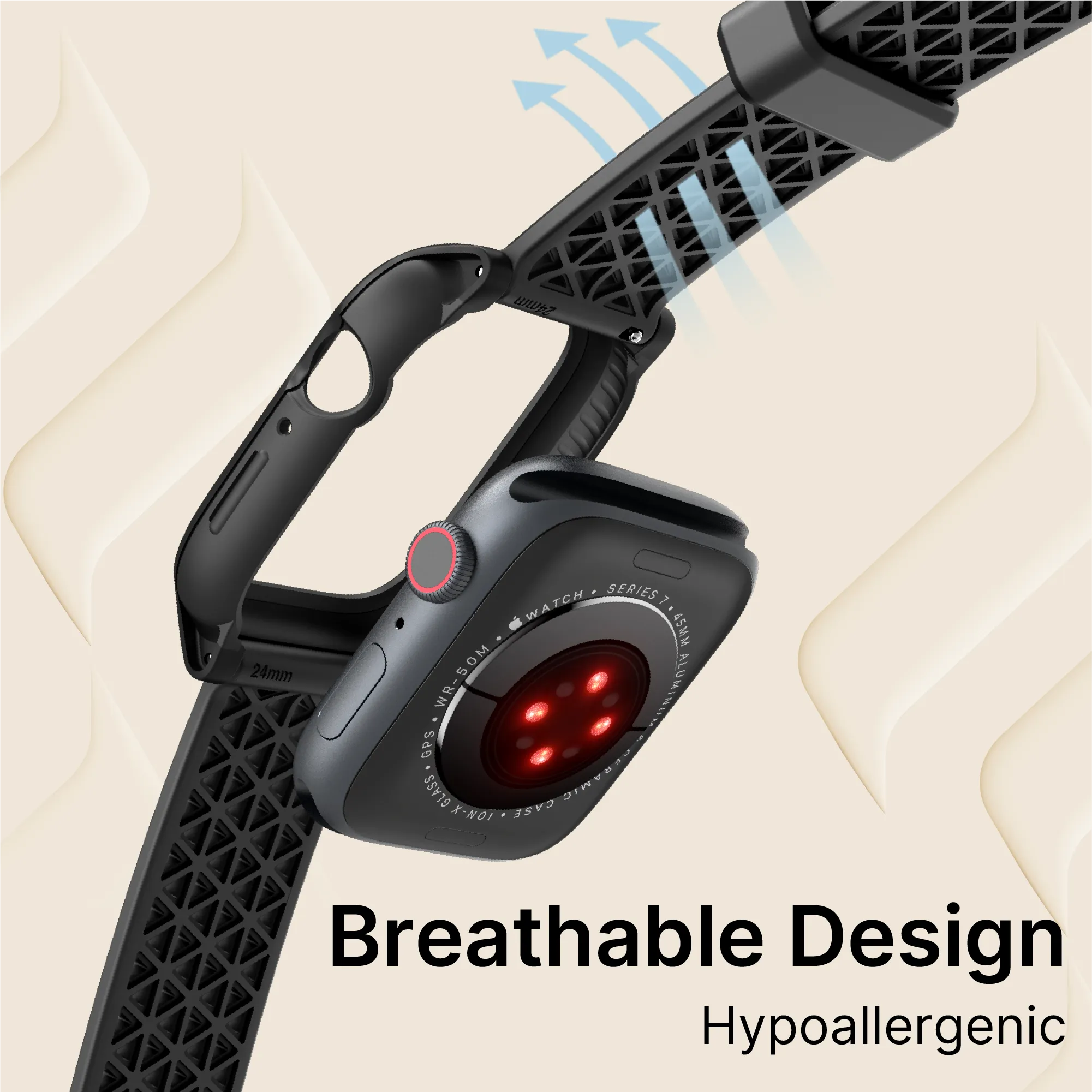 The Catalyst Case US 45mm Rugged Case + Band for Apple Watch Series 9/8/7 in black features a textured, ventilated band, shown from the back with glowing red heart sensors and blue arrows illustrating airflow through the band.