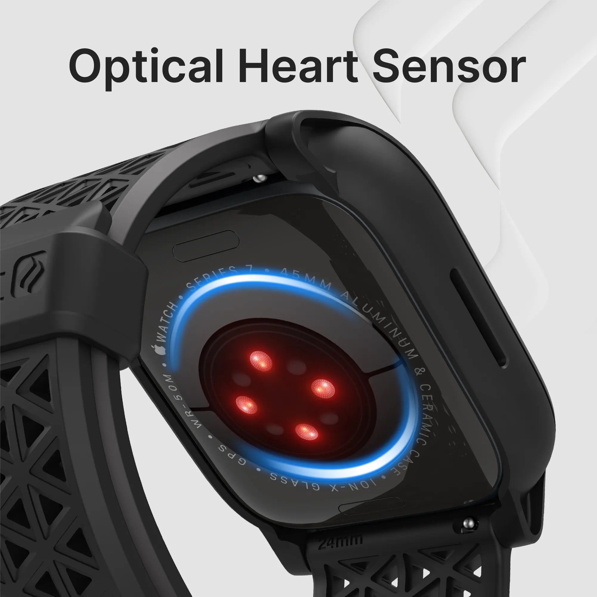 Close-up of the back of a Catalyst Case US 45mm Rugged Case + Band for Apple Watch Series 9/8/7 in black, featuring a patterned band and illuminated optical heart sensor with red lights.
