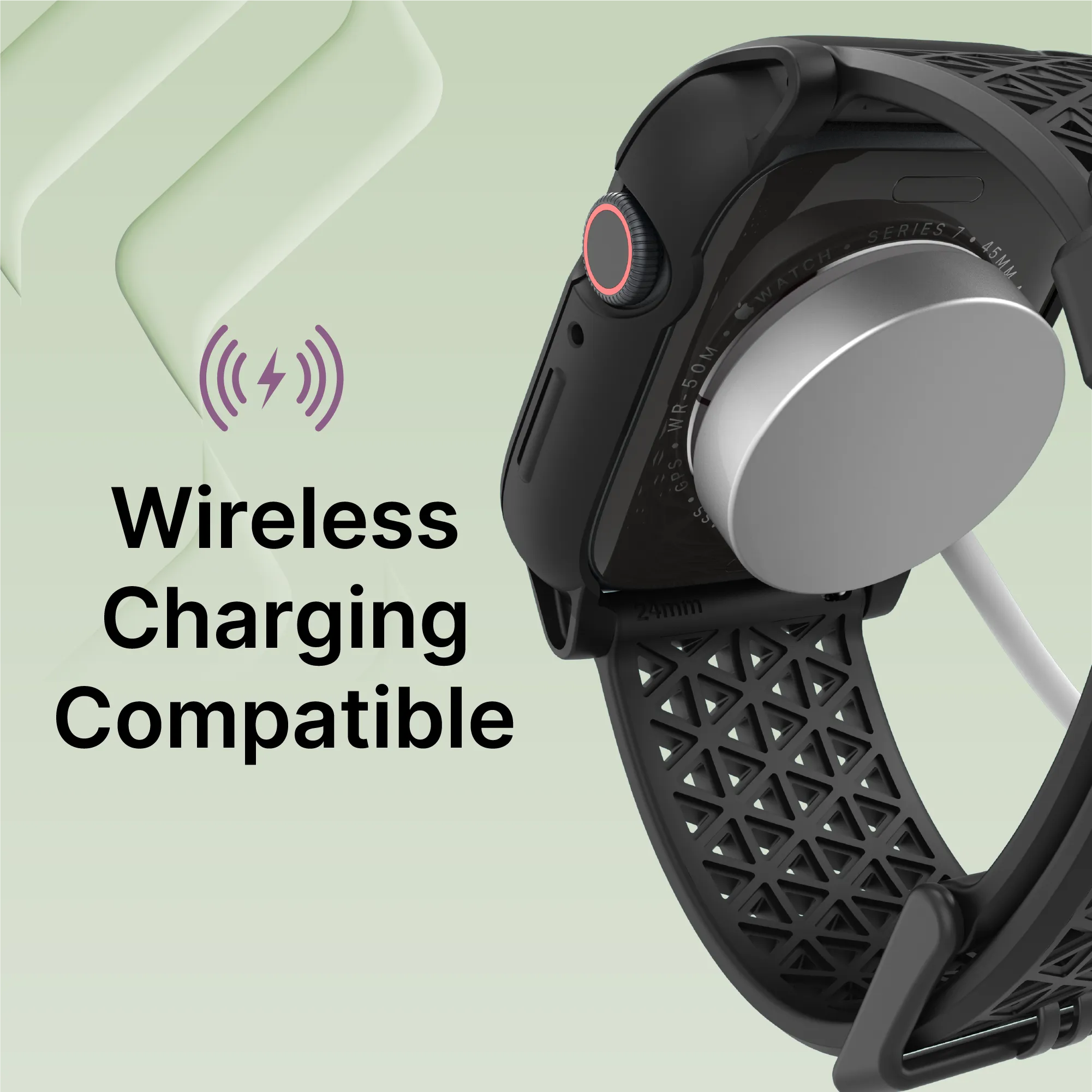 The Catalyst Case US 45mm Rugged Case + Band for Apple Watch Series 9/8/7 in black rests on a round wireless charging pad, set against a light green background with abstract shapes and a purple wireless icon emphasizing charging compatibility.