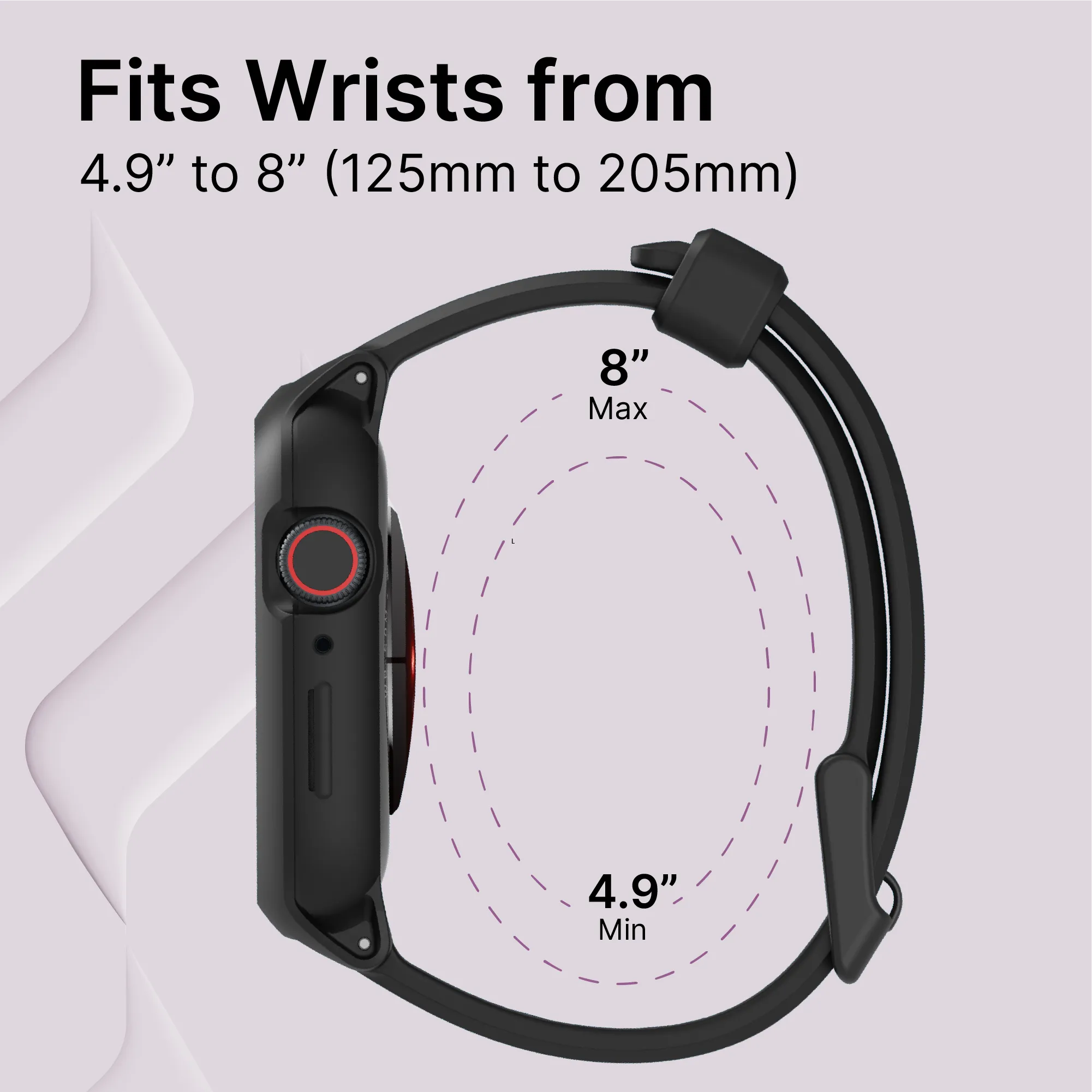A Catalyst Case US 45mm Rugged Case + Band for Apple Watch Series 9/8/7 in black is shown from the side, fitting wrists sized 4.9" to 8" (125–205mm) against a light purple background.