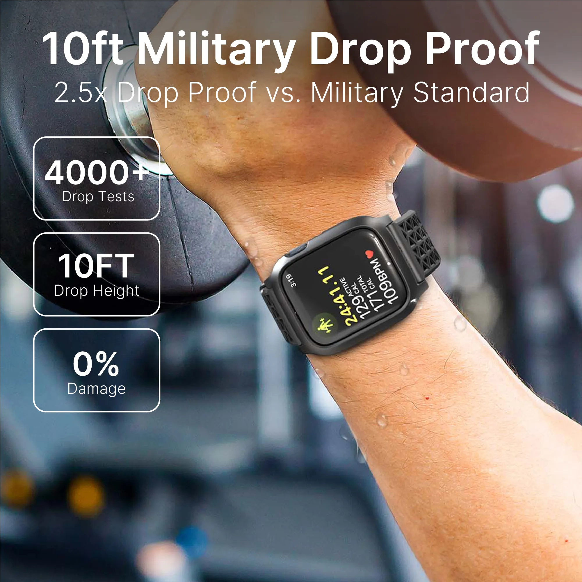 Close-up of a person lifting a dumbbell, wearing the Catalyst Case US 45mm Rugged Case + Band for Apple Watch Series 9/8/7. Text: “10ft Military Drop Proofâ€â€Â2.5x stronger than military standard.â€ÂÂ.