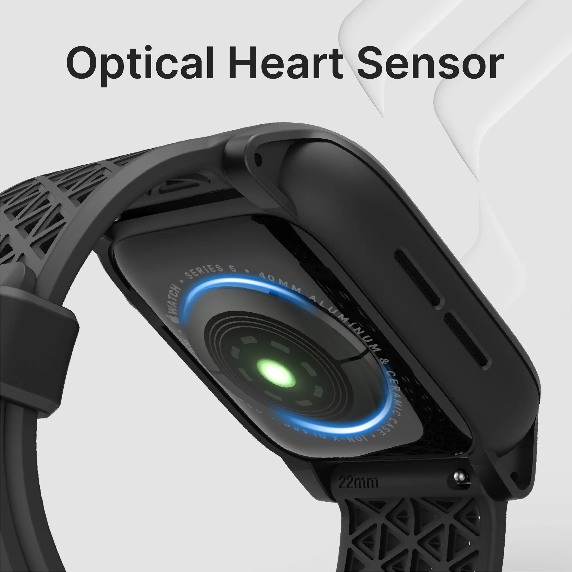 Close-up of the Catalyst Case US 40mm Rugged Case + Band for Apple Watch Series 6/5/4/SE, showing the glowing green optical heart sensor through the textured black band. “Optical Heart Sensor†is featured above, highlighting this advanced fitness feature.