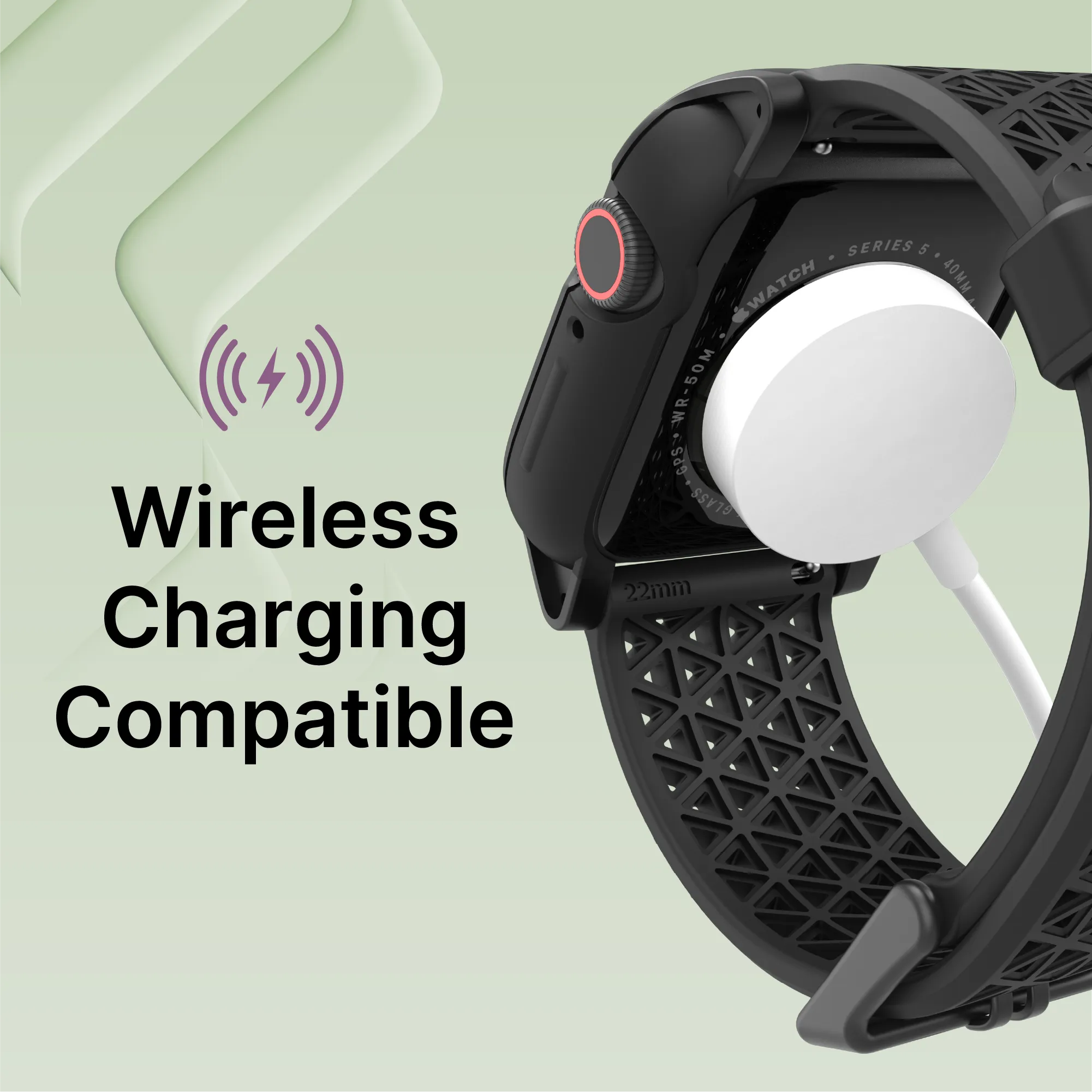 The Catalyst Case US 40mm Rugged Case + Band for Apple Watch Series 6/5/4/SE is shown in black, charging wirelessly via a magnetic charger. “Wireless Charging Compatible, Sure†and a purple wireless icon appear on a light green geometric background.