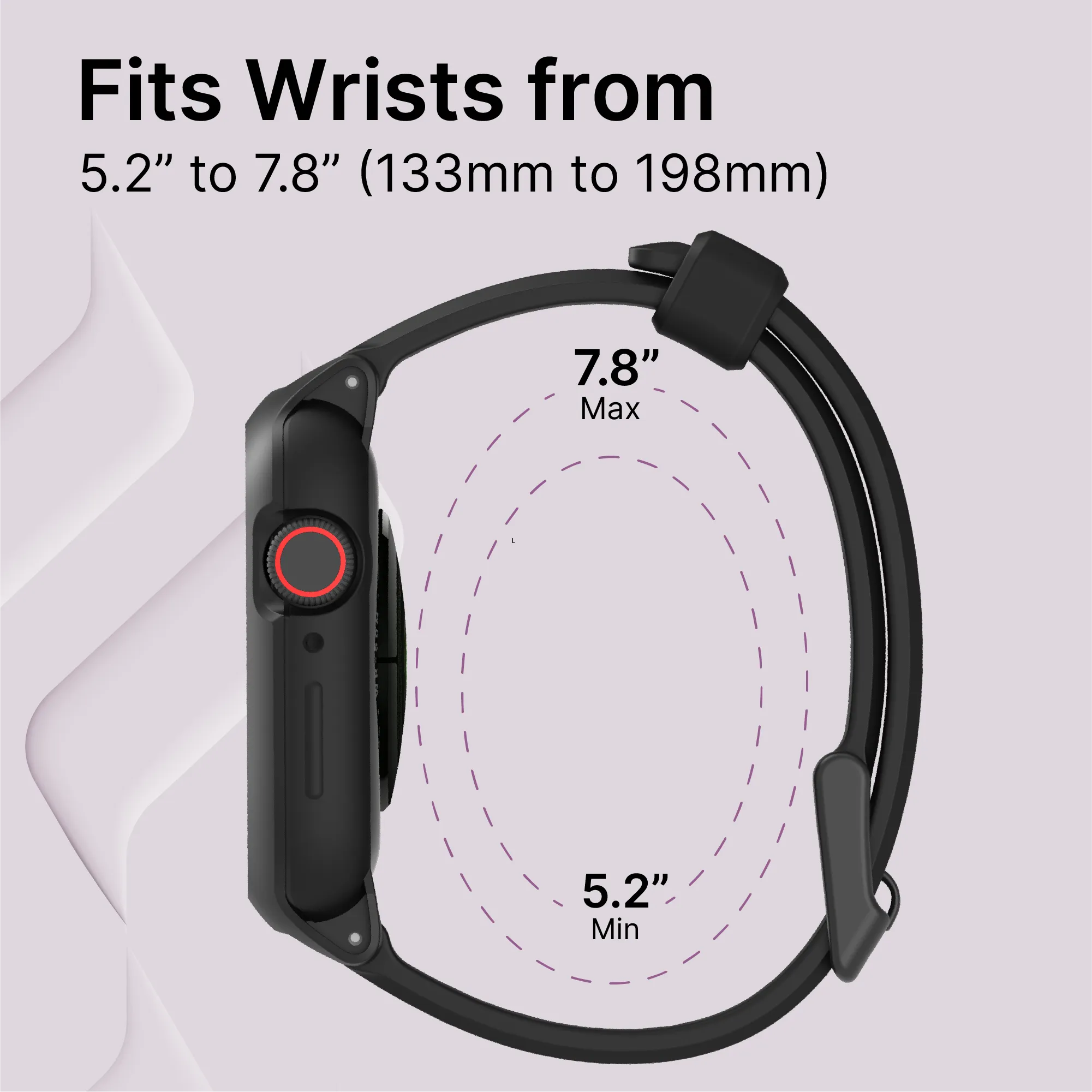A black 40mm Catalyst Case US Rugged Case + Band for Apple Watch Series 6/5/4/SE is shown from the side with a red button. Purple dashed ovals highlight the strap fits wrists from 5.2" (133mm) to 7.8" (198mm).