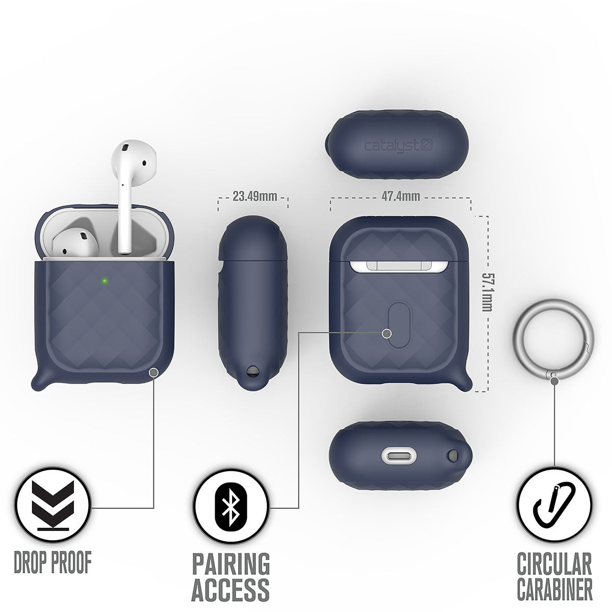 Catalyst airpods gen 2/1 case ring clip carabiner showing different sides of the case and dimension text reads drop proof pairing access circular carabiner