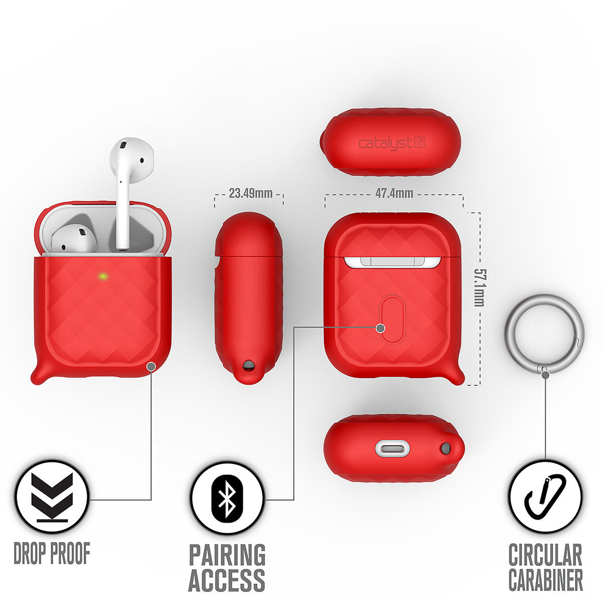 Catalyst airpods gen 2/1 case ring clip carabiner showing different sides of the case and dimension text reads drop proof pairing access circular carabiner