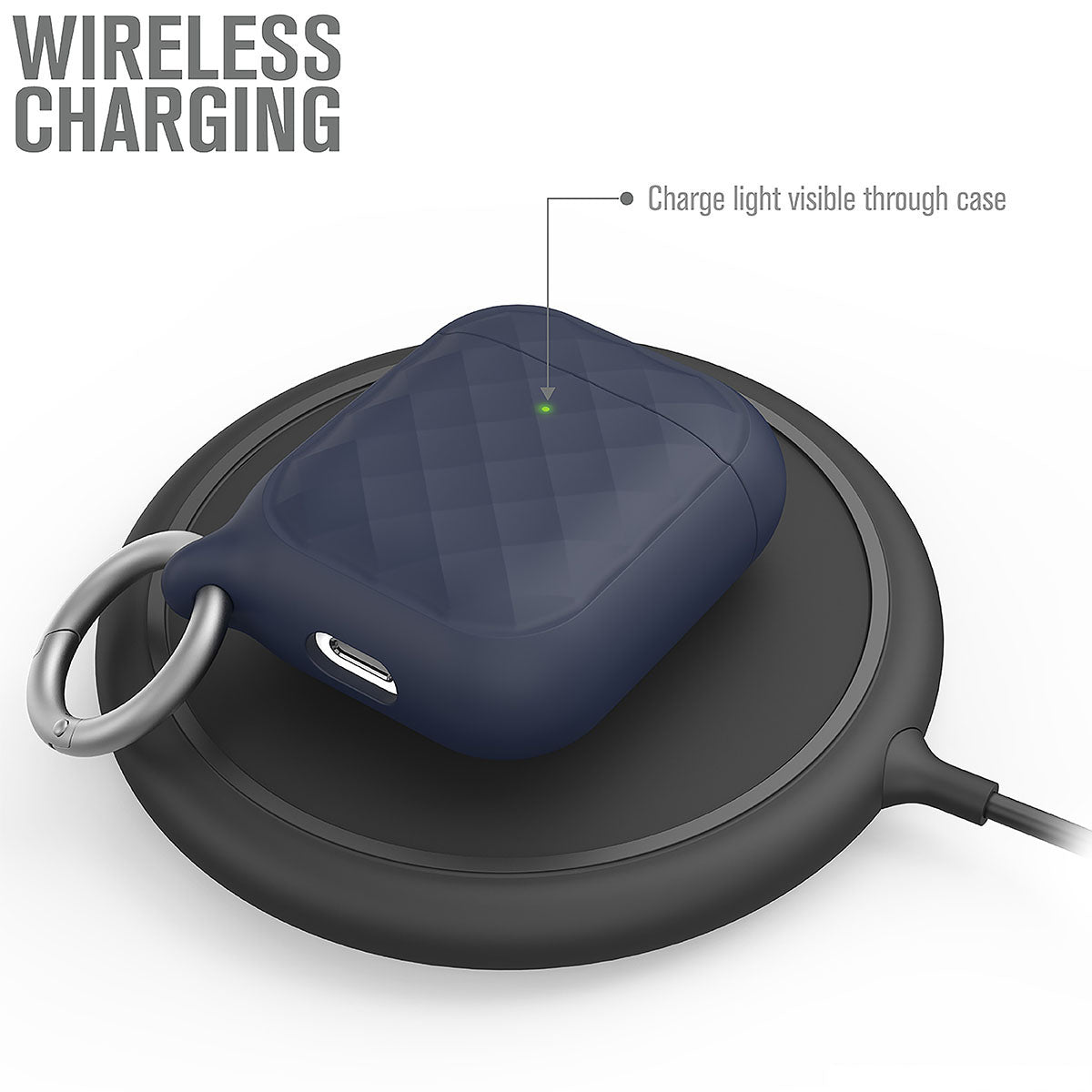 Catalyst airpods gen2/1 case ring clip carabiner showing the case on the wireless charger text reads charge light visible through case wireless charger