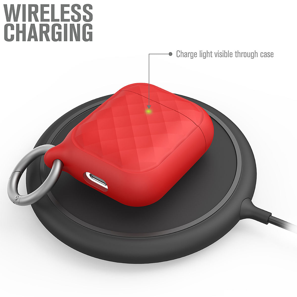 Catalyst airpods gen2/1 case ring clip carabiner showing the case on the wireless charger text reads charge light visible through case wireless charger