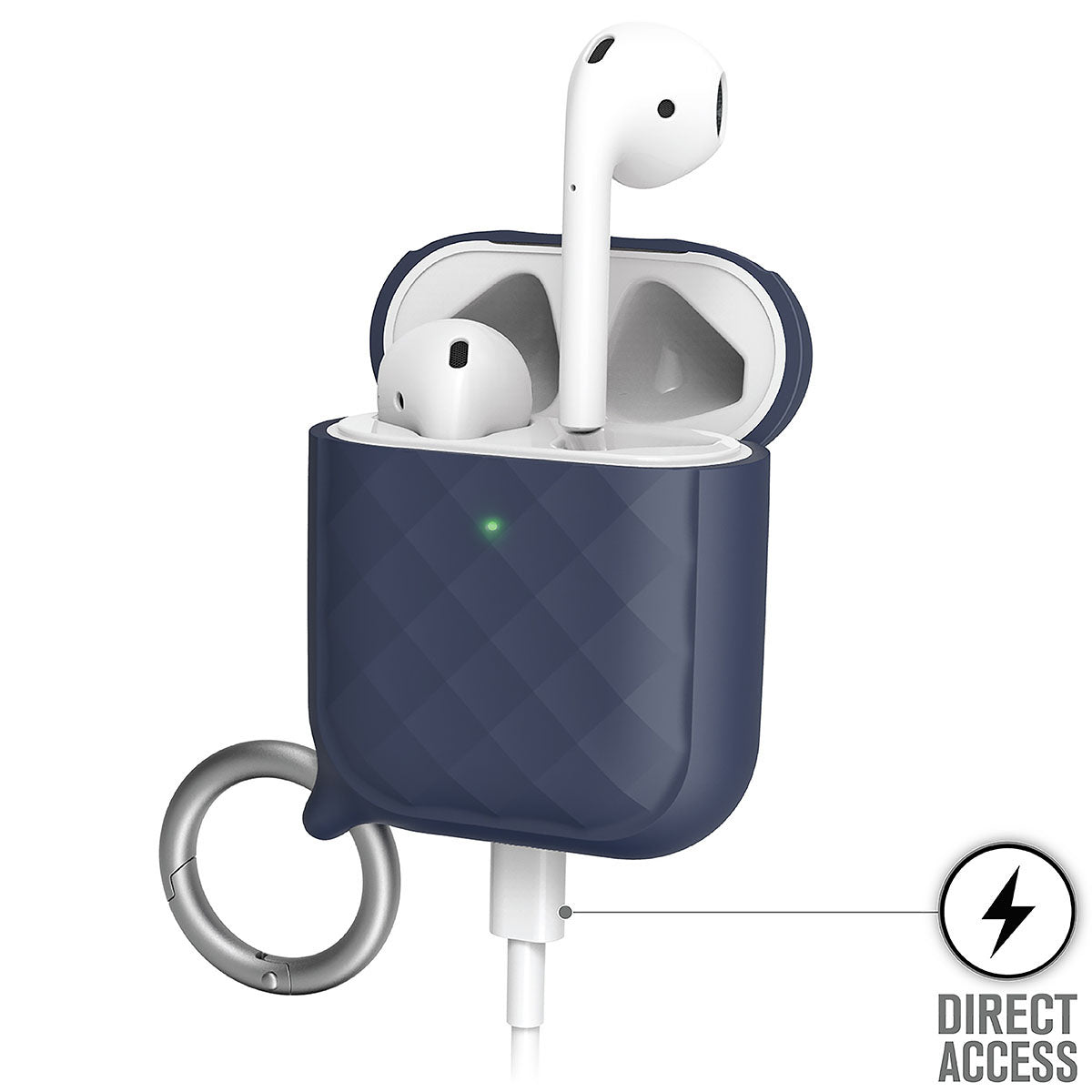 A pair of white AirPods (Gen 2/1) rest in an open, navy blue Catalyst Case US charging case with a green indicator light, silver carabiner attached, and charging cable plugged in at the bottom.