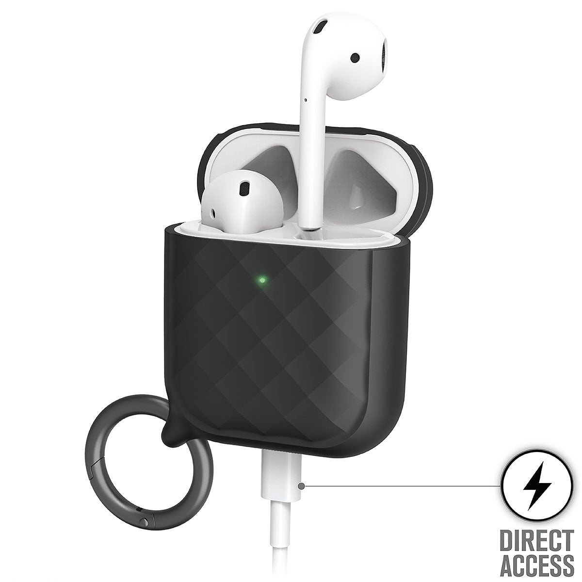 A pair of white AirPods (Gen 2/1) sit in an open Catalyst Case US black diamond-patterned case with LED indicator and round carabiner. A charging cable is plugged into the case for direct charging access.