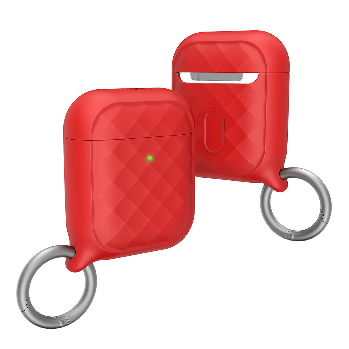 Catalyst airpods gen2/1 case eing clip carabiner showing the front and back of the case with ring clip carabiner attached