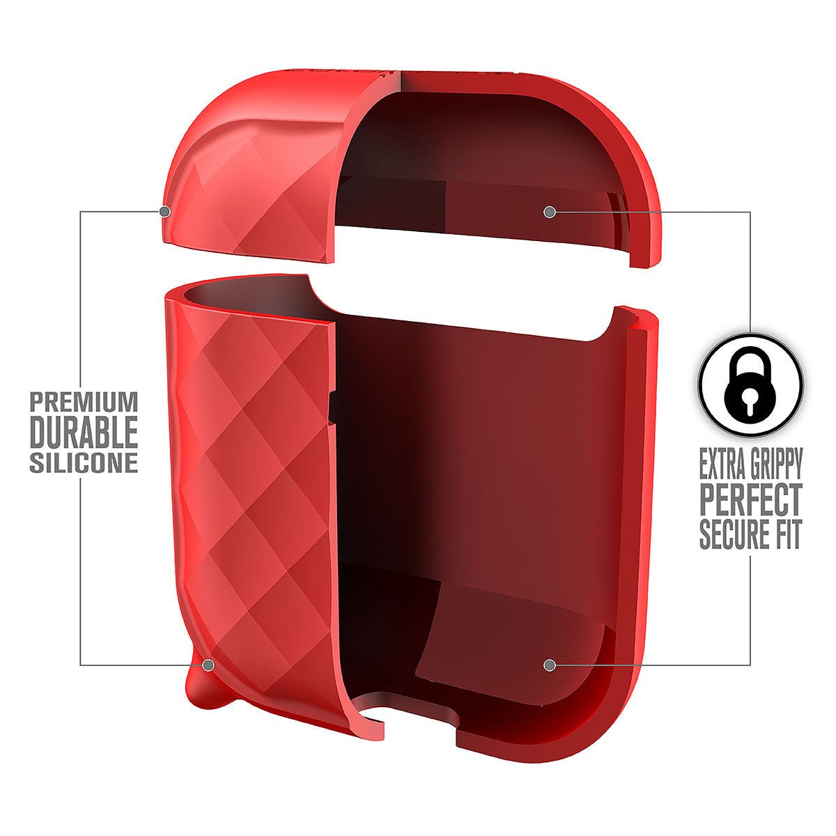 Catalyst airpods gen2/1 case eing clip carabiner showing the interior of the case text reads premium durable silicone extra grippy perfect secure fit