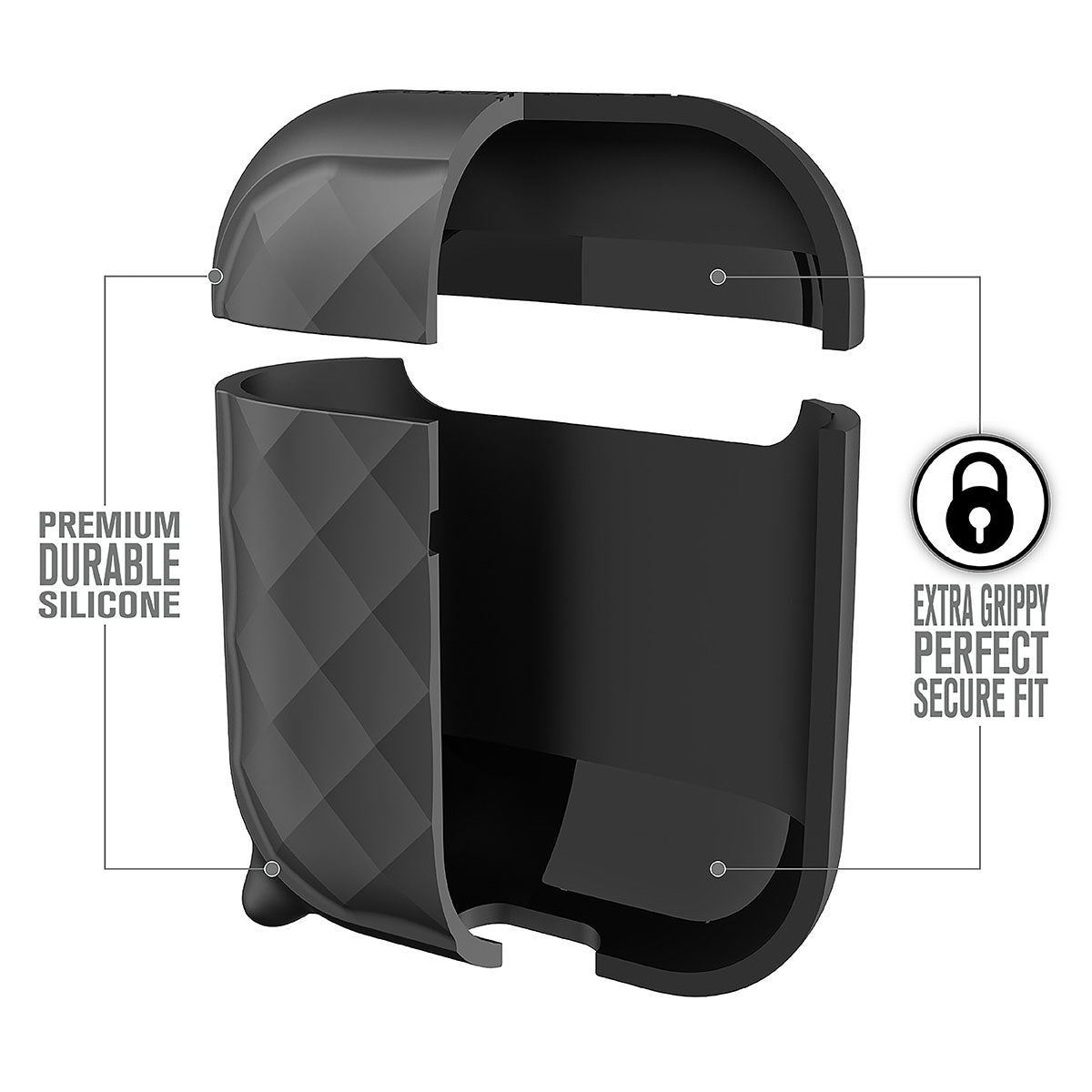 Catalyst airpods gen2/1 case eing clip carabiner showing the interior of the case text reads premium durable silicone extra grippy perfect secure fit