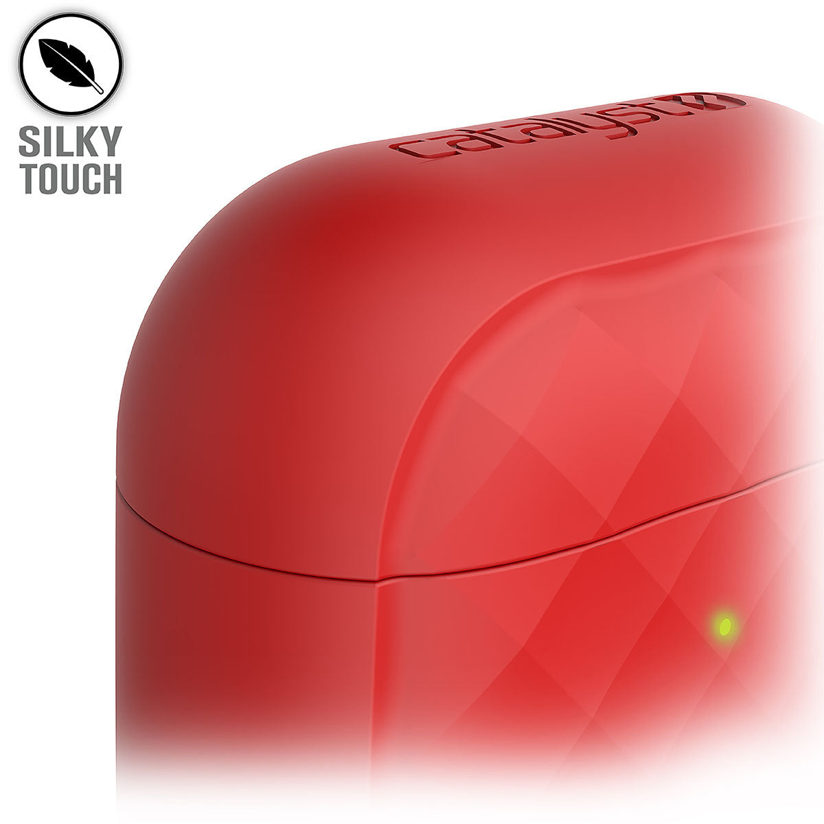 Catalyst airpods gen2/1 case eing clip carabiner showing the side of the case text reads silky touch
