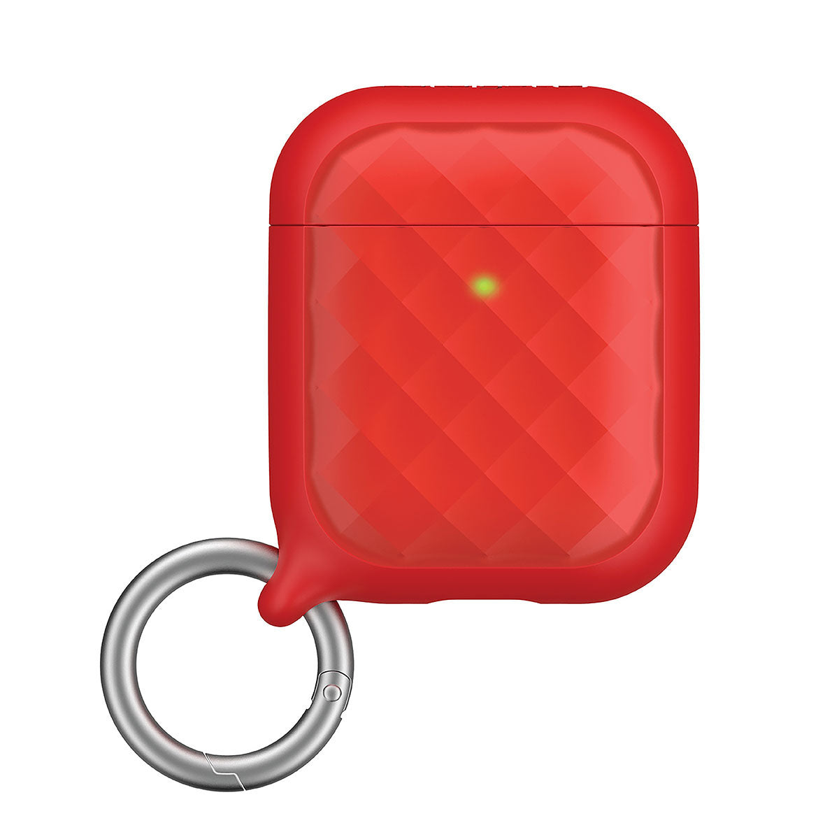 Catalyst airpods gen2/1 case eing clip carabiner showing the side of the case with ring clip carabiner attached