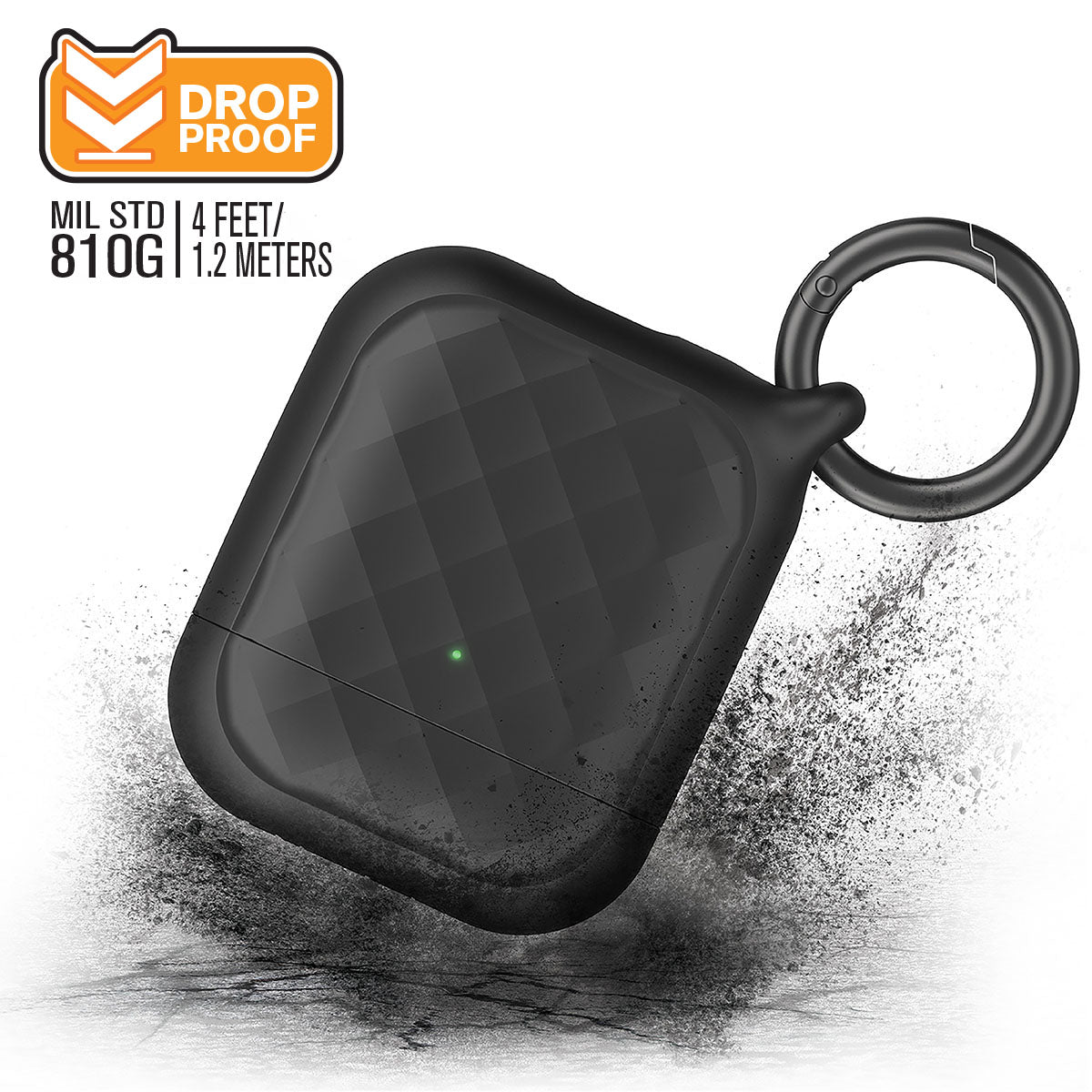 Catalyst airpods gen2/1 case eing clip carabiner showing the side of the case with ring clip carabiner attached text reads drop proof mil std 810g 4 feet 1.2 meters