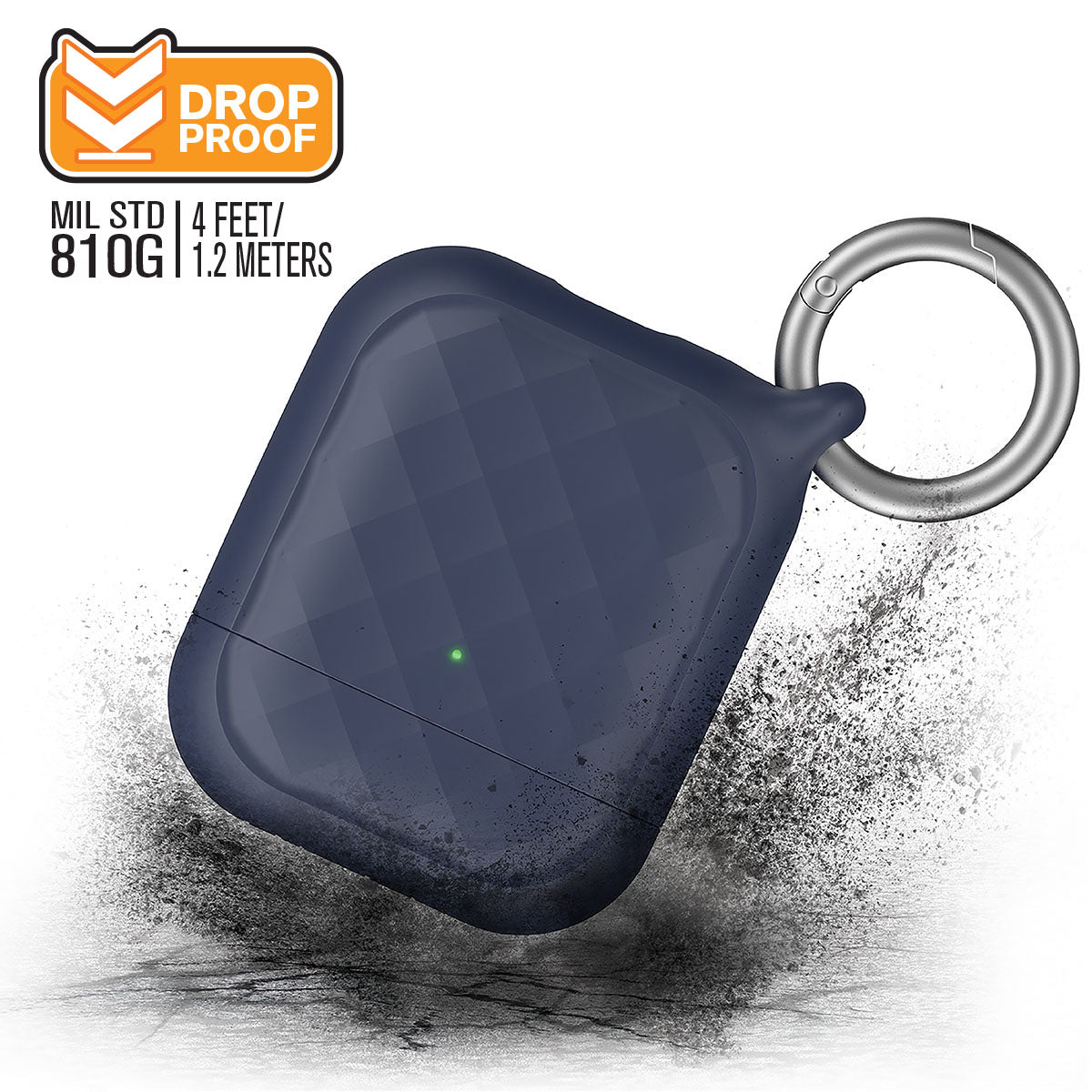 Catalyst airpods gen2/1 case eing clip carabiner showing the side of the case with ring clip carabiner attached text reads drop proof mil std 810g 4 feet 1.2 meters