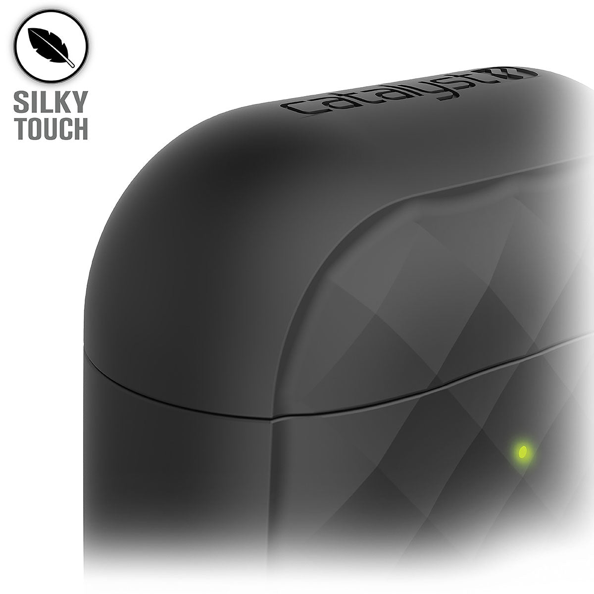 Catalyst airpods gen2/1 case eing clip carabiner showing the side of the case text reads silky touch
